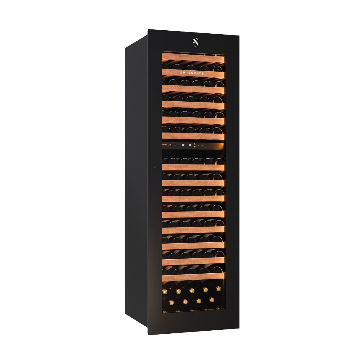 Swisscave Einbauweinkühlschrank WIB-178DFT. 2-Zonen, 178 cm, 94 Flaschen, Touch to open, für 94 Standardflaschen á 0,75l,Touch to Open, UV-abweisende Glastür, Mahagoni-Tablare