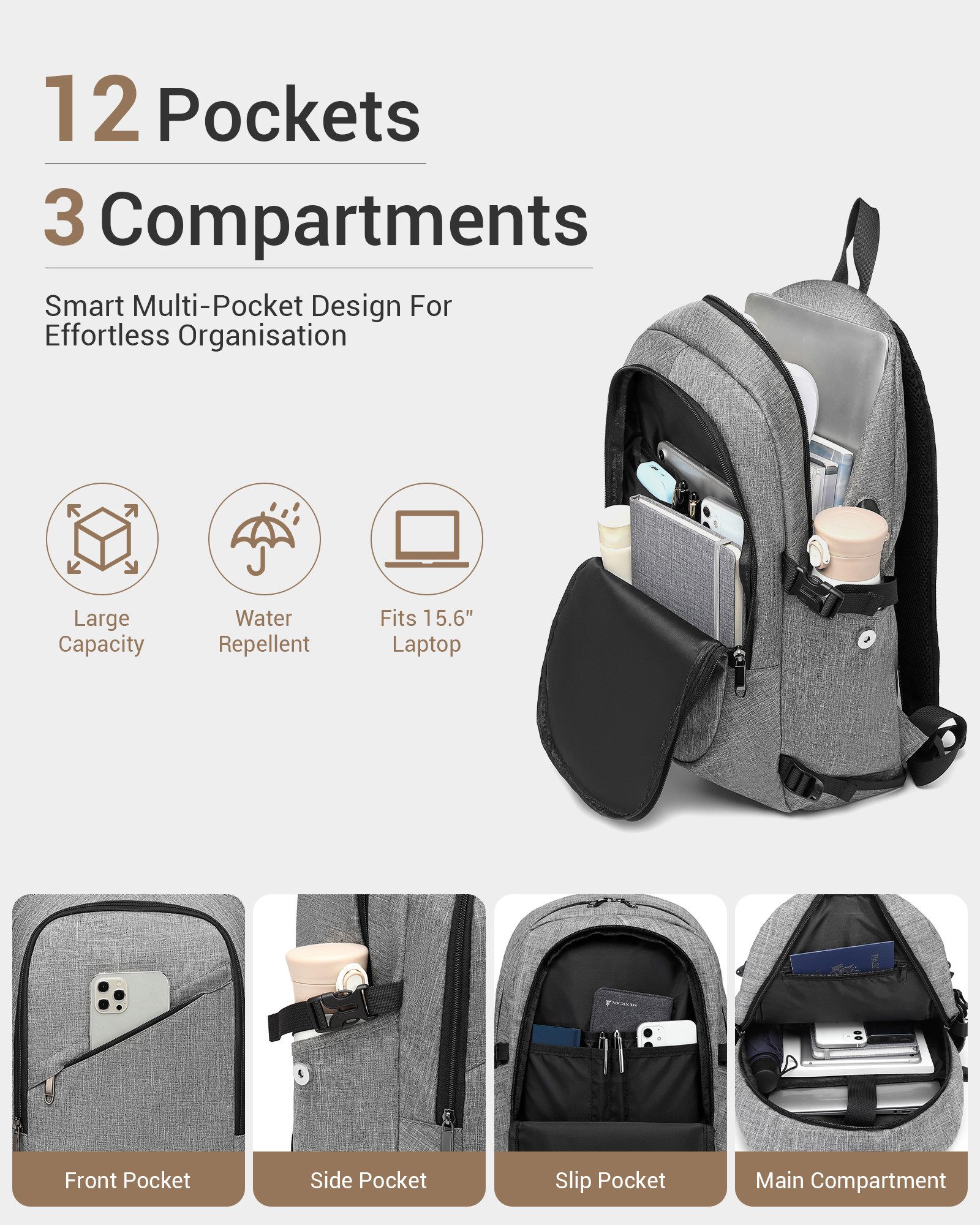 KONO Laptoprucksack, XL Laptop-Rucksack (50x30x14cm) + kleines Zahlenschloss