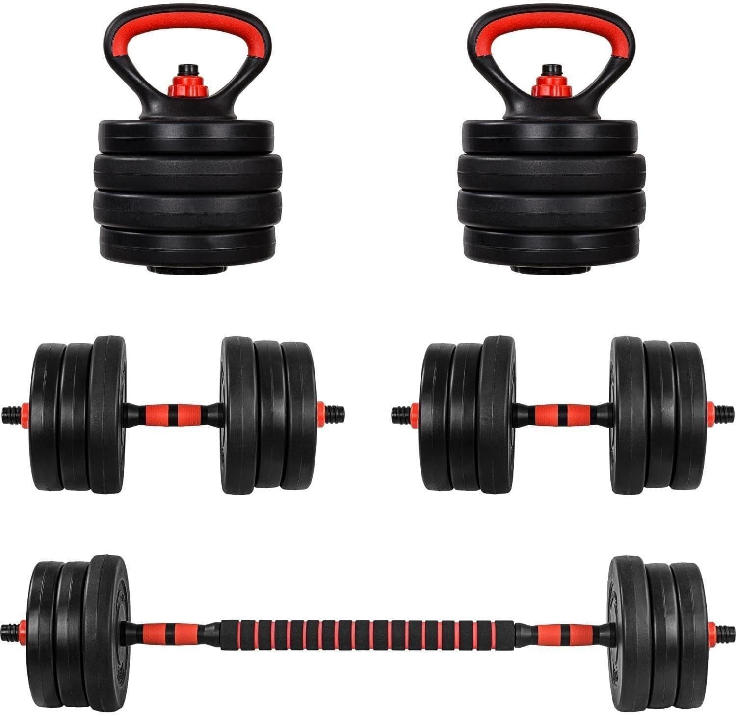 MOVIT Hantel-Set Hanteln Set - 6in1, 20/30kg, Hantel Gewichte, Kurzhanteln, Kettlebell, Schwarz und Rot/Orange, Verstellbare