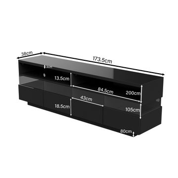 HAUSS SPLOE Lowboard Hochglanz mit LED-Beleuchtung, 2 Fächer und 4 Schubladen, Schwarz (TV-Ständer hochglanz mit LED), Breite: 173,5cm