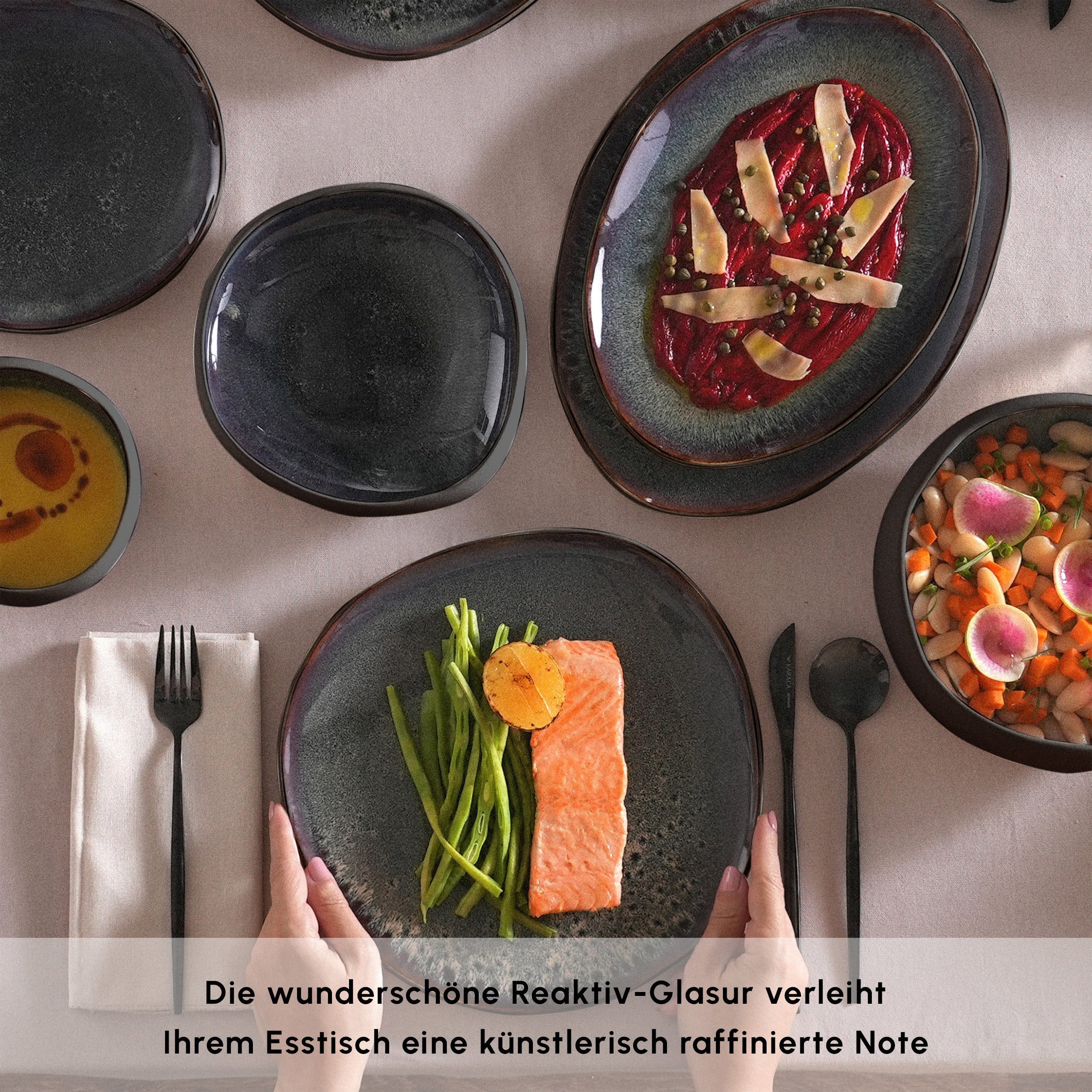 Karaca Geschirr-Set Earth Collection Galactic 55-teiliges Geschirrset für 12 Person, 12 Personen, Steinzeug, Elegantes Marmordesign, umfassendes 55-teiliges Set – Bild 5 von 5