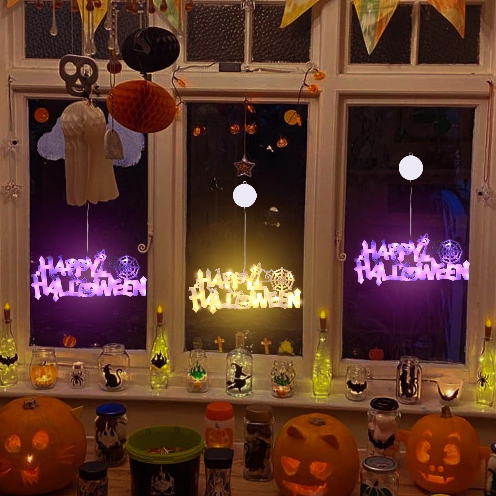 Fenster Lichter, HALLOWEEN Nachtlicht Fensterbeleuchtung Halloween, mit 3D Batterie Weihnachten, Deko, Weiß für LED-Lichterkette Warmes Sunicol Dekohänger Wohnkultur