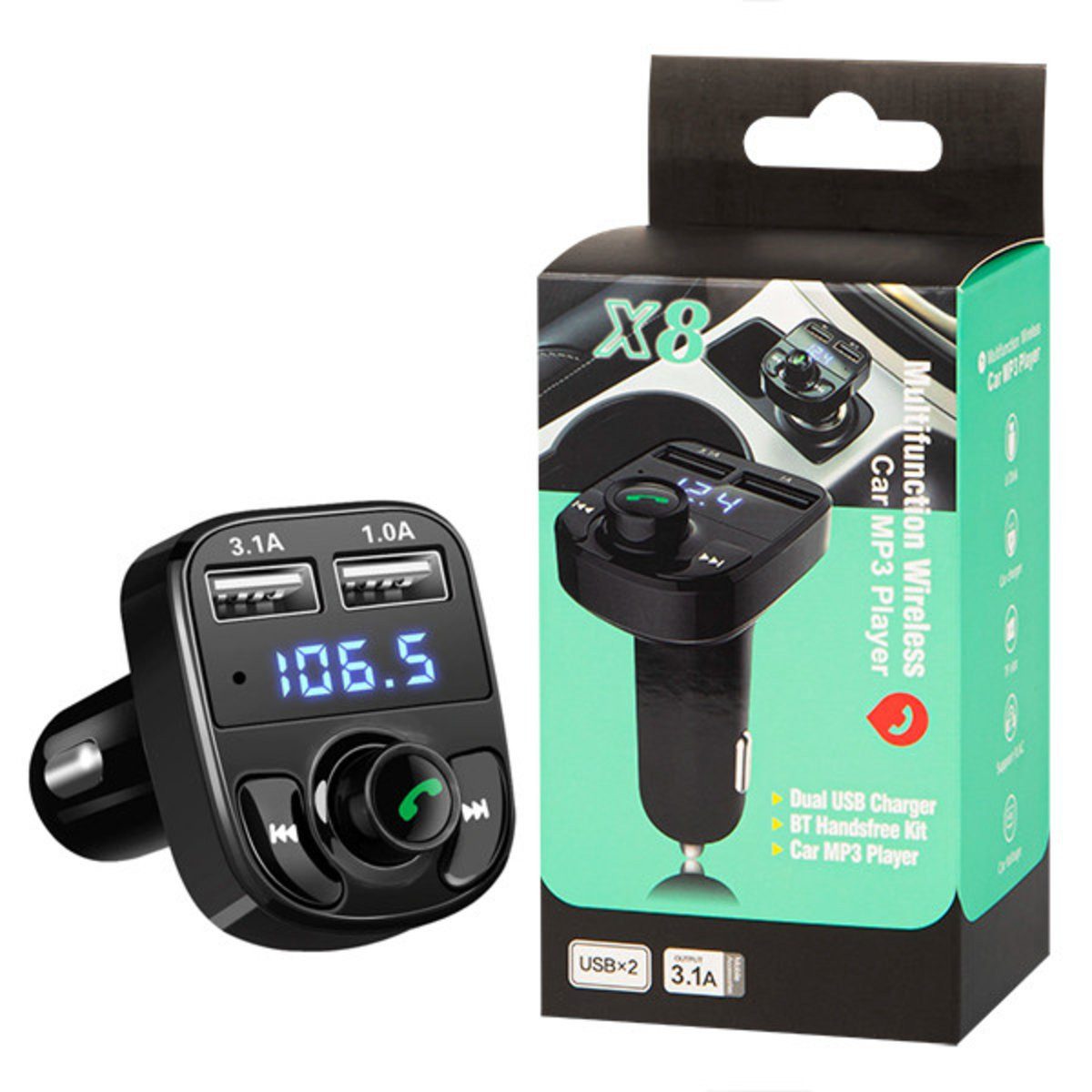 Wisam FM-Transmitter X8 Bluetooth 3.1A Schwarz Freisprecheinrichtung + Verlängerungskabel