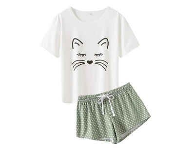 Leway Pyjama »Damen Pyjamas Schlafanzug Bequem Stilvoll Katze Cartoon gedruckt Nachtwäsche«