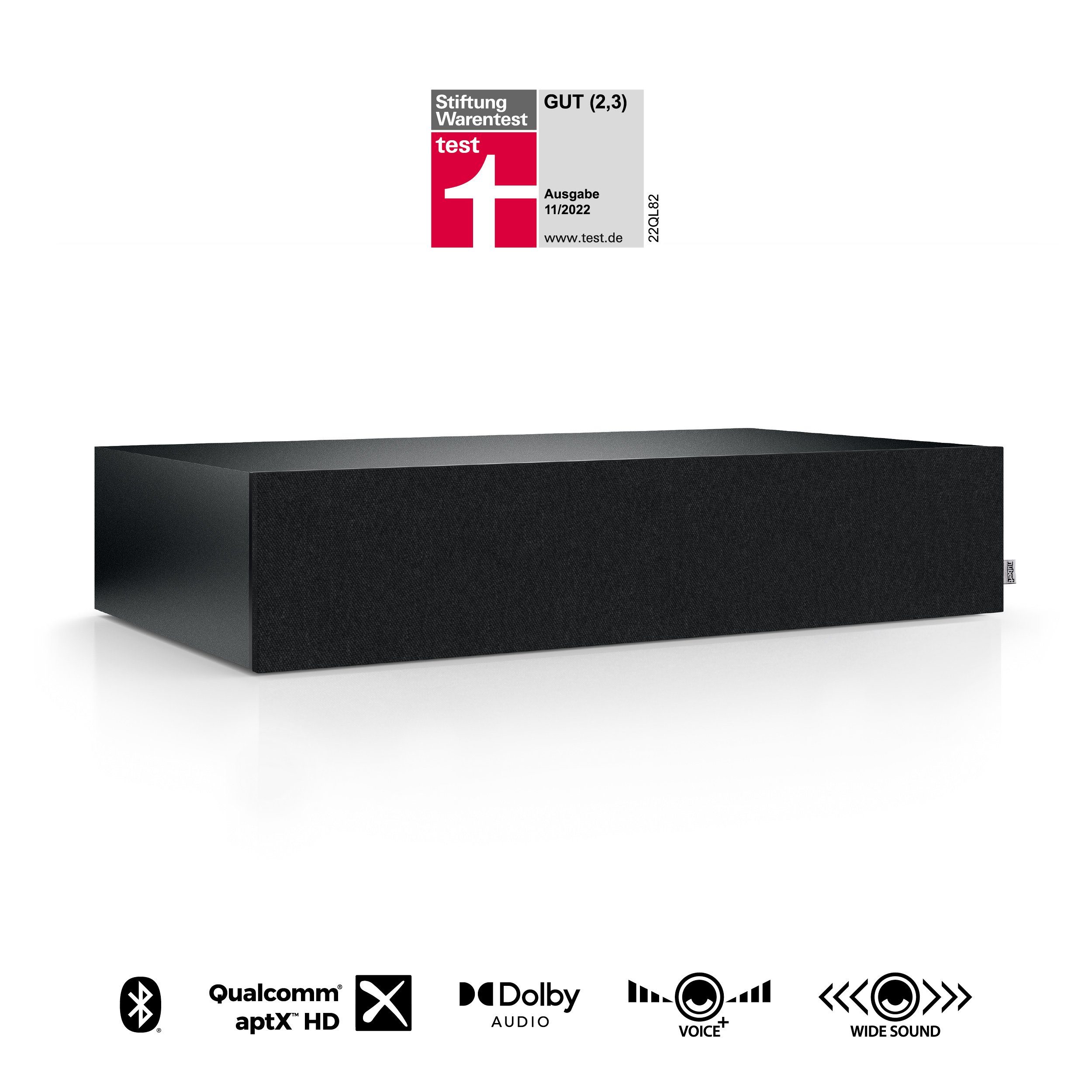 eARC) Schwarzer Dolby nuBoxx Front mit W, HD Bluetooth Nubert Voice+, aptX 5.0 (180 max Decoder, HDMI Soundbar AS-225 und Digital Schwarz