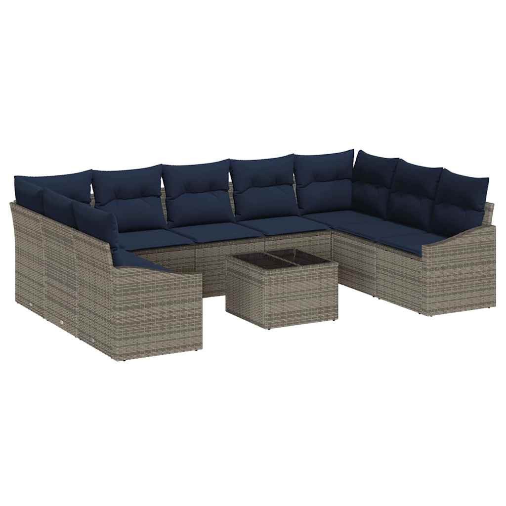 vidaXL Gartenlounge-Set Gartensofa-set 10 pcs Grau und Marineblau Poly-Rattan, (10-tlg)