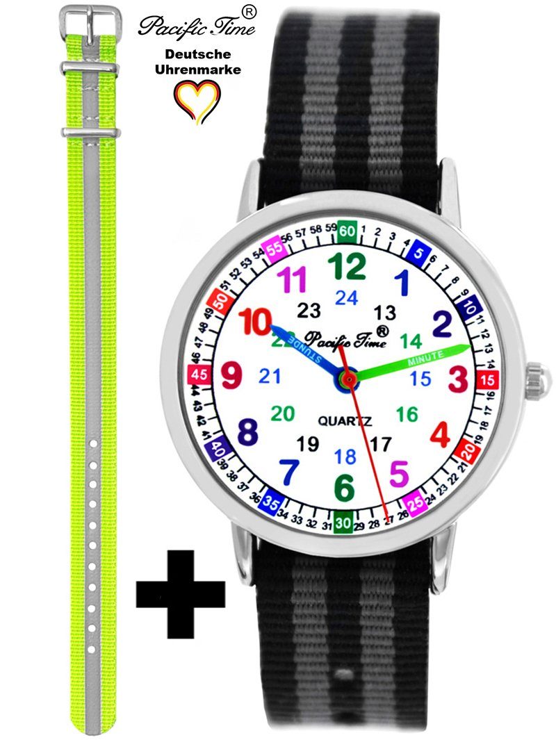 Pacific Time Quarzuhr Set Kinder Armbanduhr Lernuhr Wechselarmband, Mix und Match Design - Gratis Versand schwarz grau gestreift Reflektor gelb