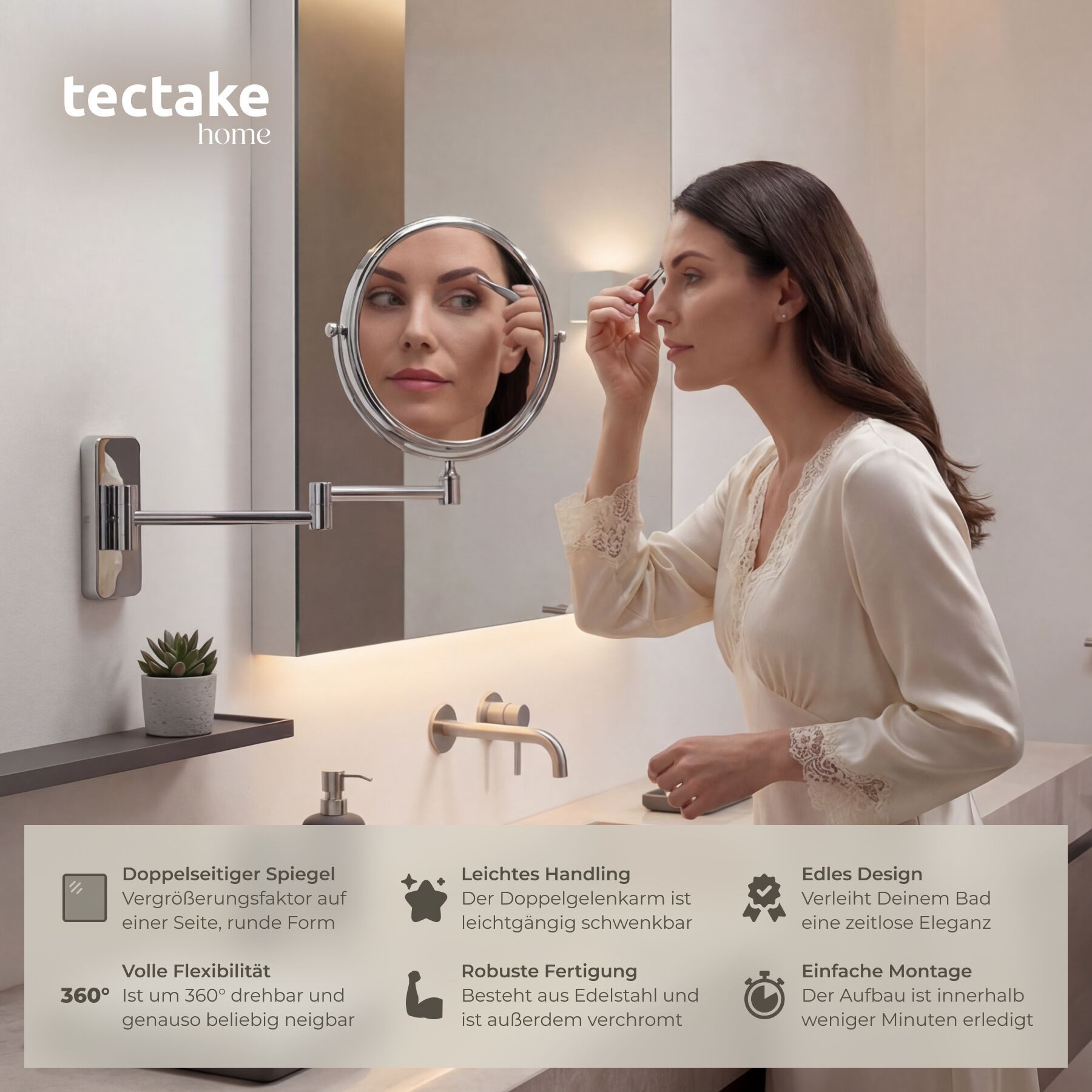 tectake Kosmetikspiegel Rasierspiegel, doppelseitig, Ø 20 cm, 360° neig- und drehbar (Schminkspiegel, in silber), 7-fach Vergrößerung, ausziehbar, verchromter Edelstahl, Wandmontage