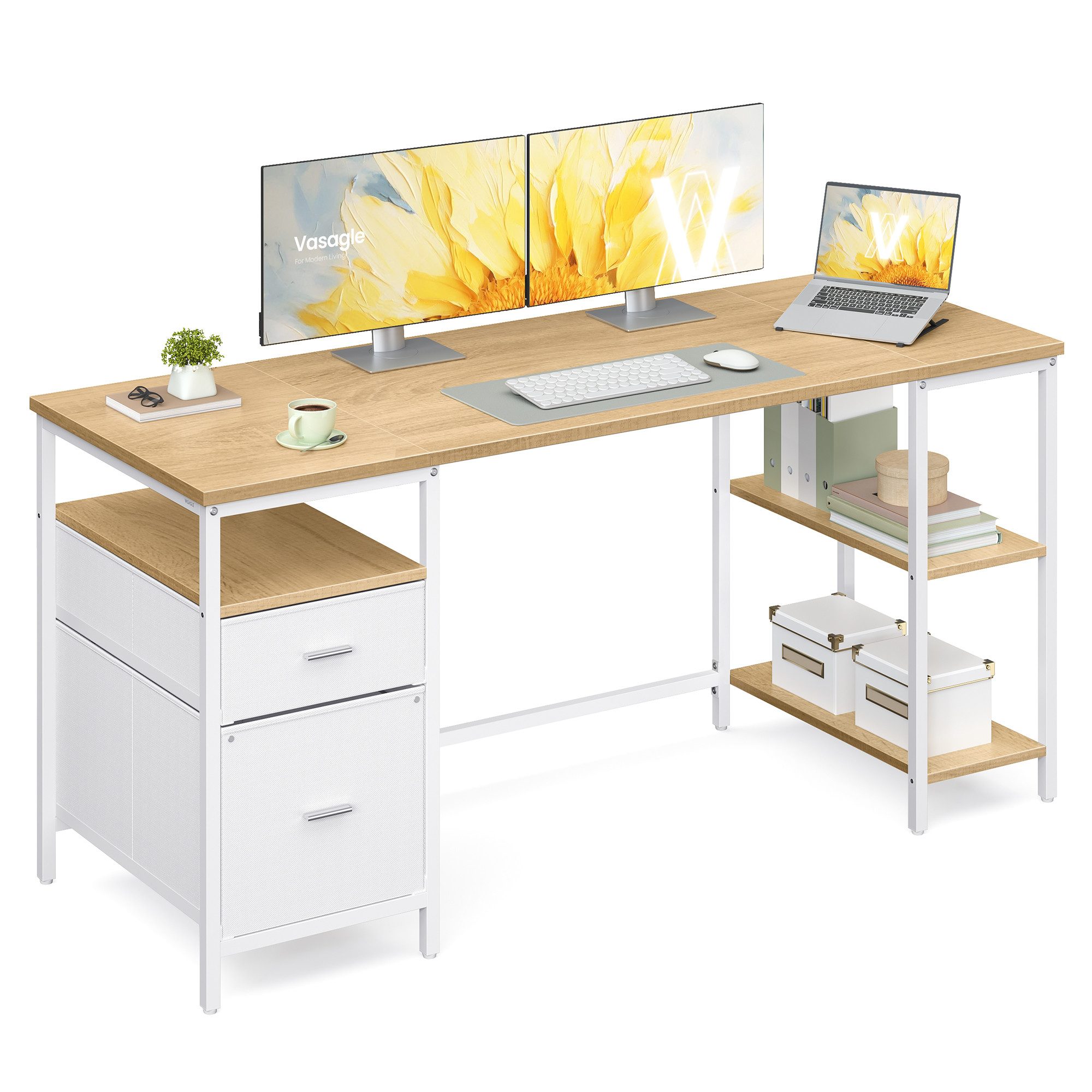 VASAGLE Schreibtisch Computertisch, Bürotisch, mit 3 Ablagen, 2 Schubladen, 140/160 cm