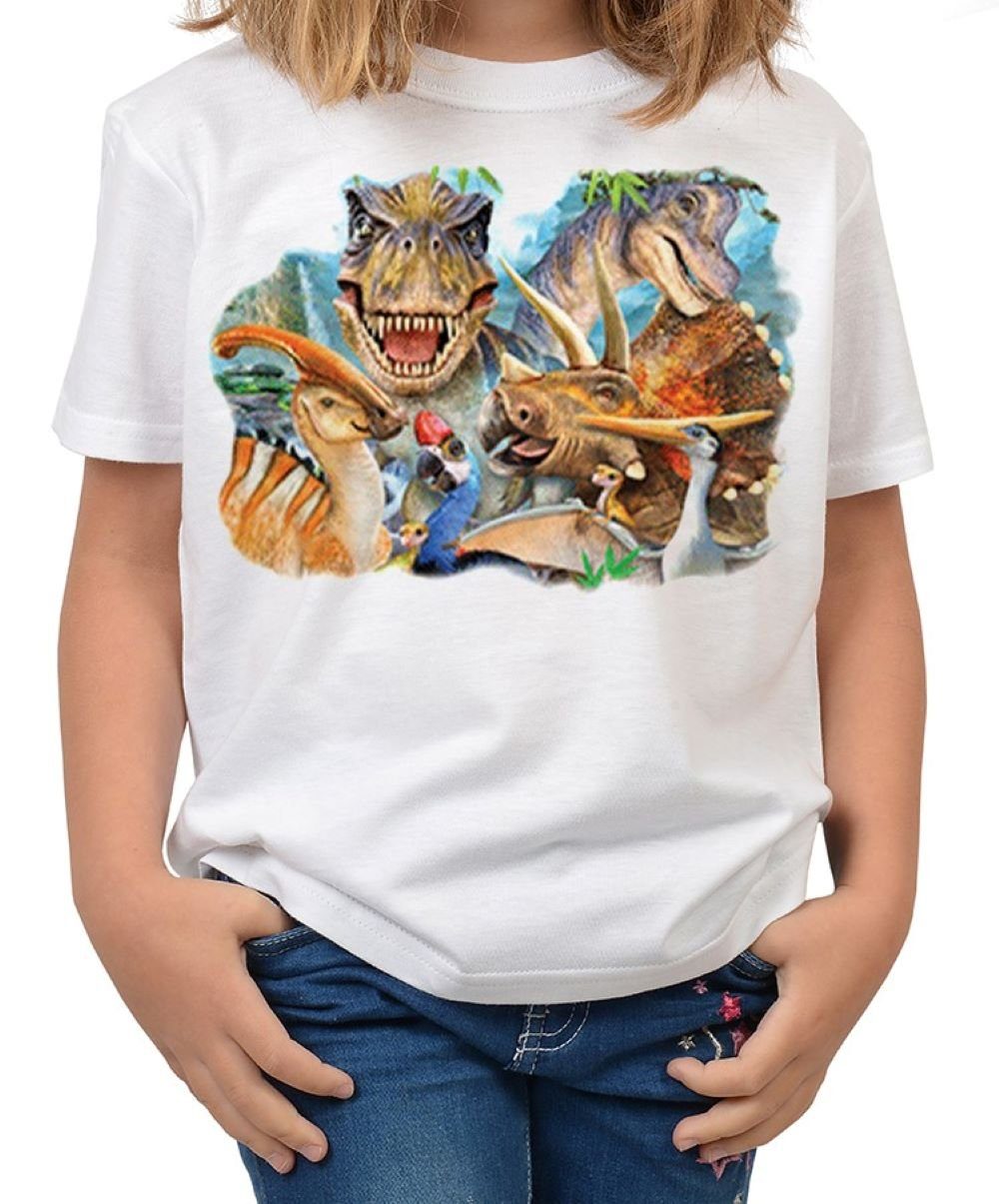Tini - Shirts Print-Shirt Dinosaurier / Dino Motiv Kindershirt buntes Dino Foto - Dinosaurier-Selfie : Selfie Dinos