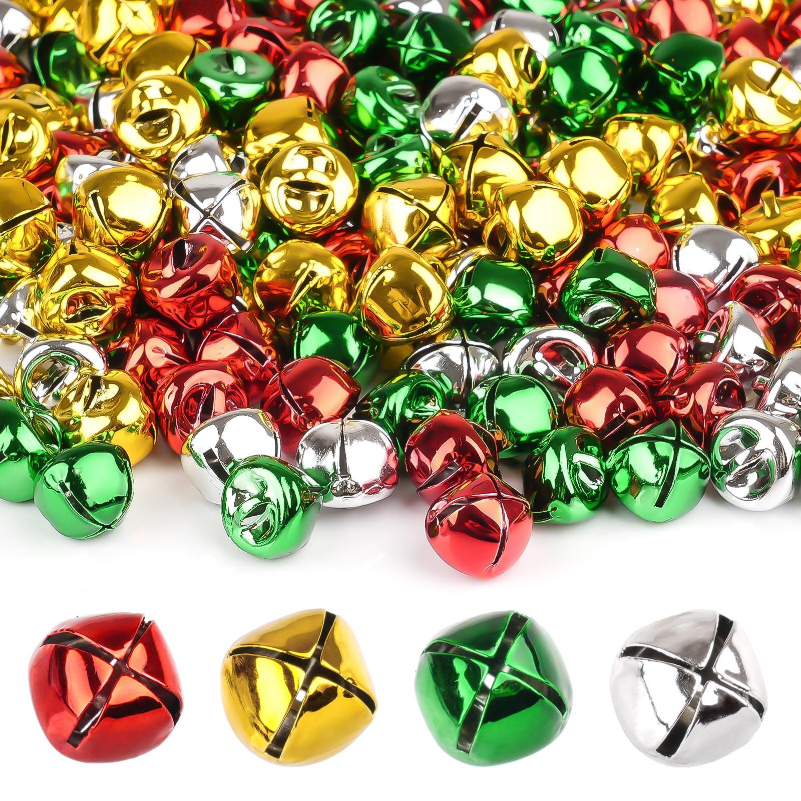 FOUORTUNATE-BEE Bastelperlen 200 Mini-Glöckchen 12 mm, bunt, für Basteln, Deko und Weihnachten, 200 Metallglöckchen 12 mm für DIY, Schmuck, Haustierhalsband und Deko