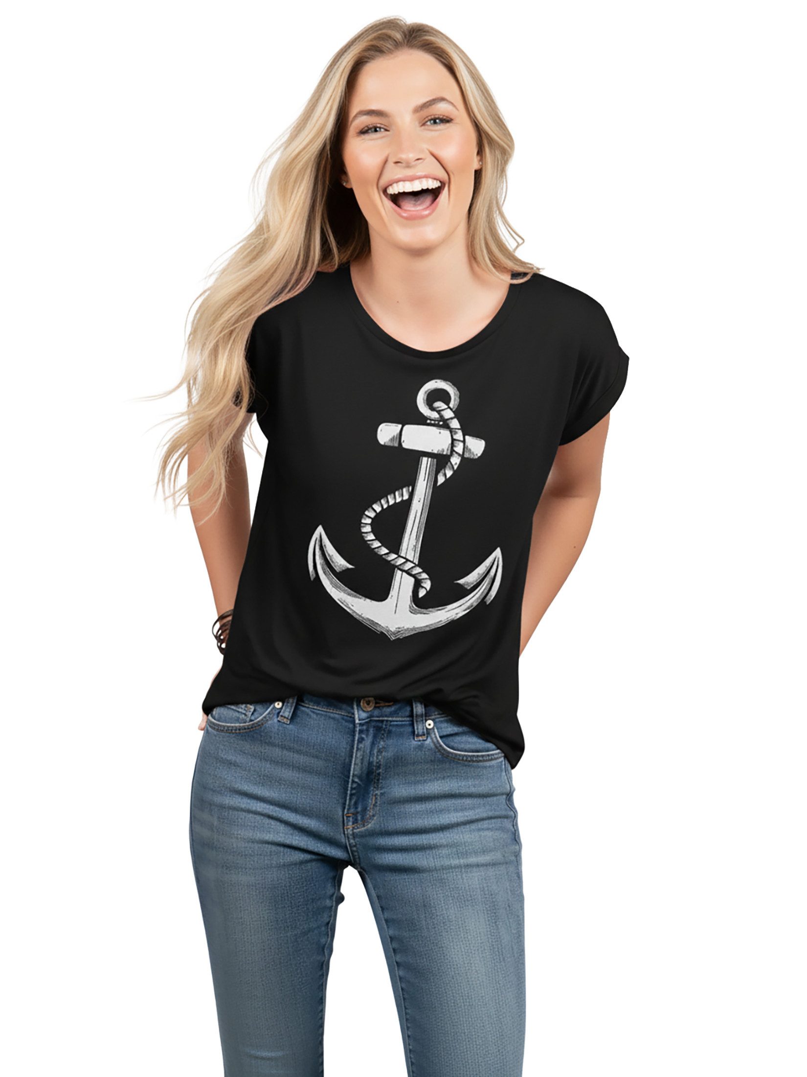 MAKAYA Print-Shirt Damen Anker Motiv Sommer Top Maritime Frauen Oberteile Tunika (Kurzarm, Rundhals, blau, grau, rosa, schwarz) aus Baumwolle