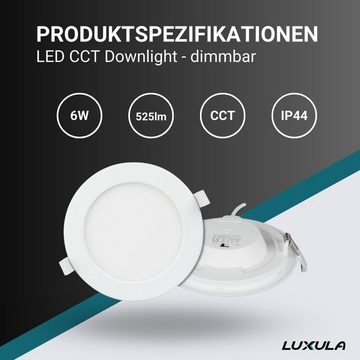 LUXULA LED Einbauleuchte LED CCT Downlight, dimmbar, 6W, 525 lm, ø115mm, Lichtfarbe einstellbar, LED fest integriert, warmweiß, CCT, neutralweiß, kaltweiß, IP44