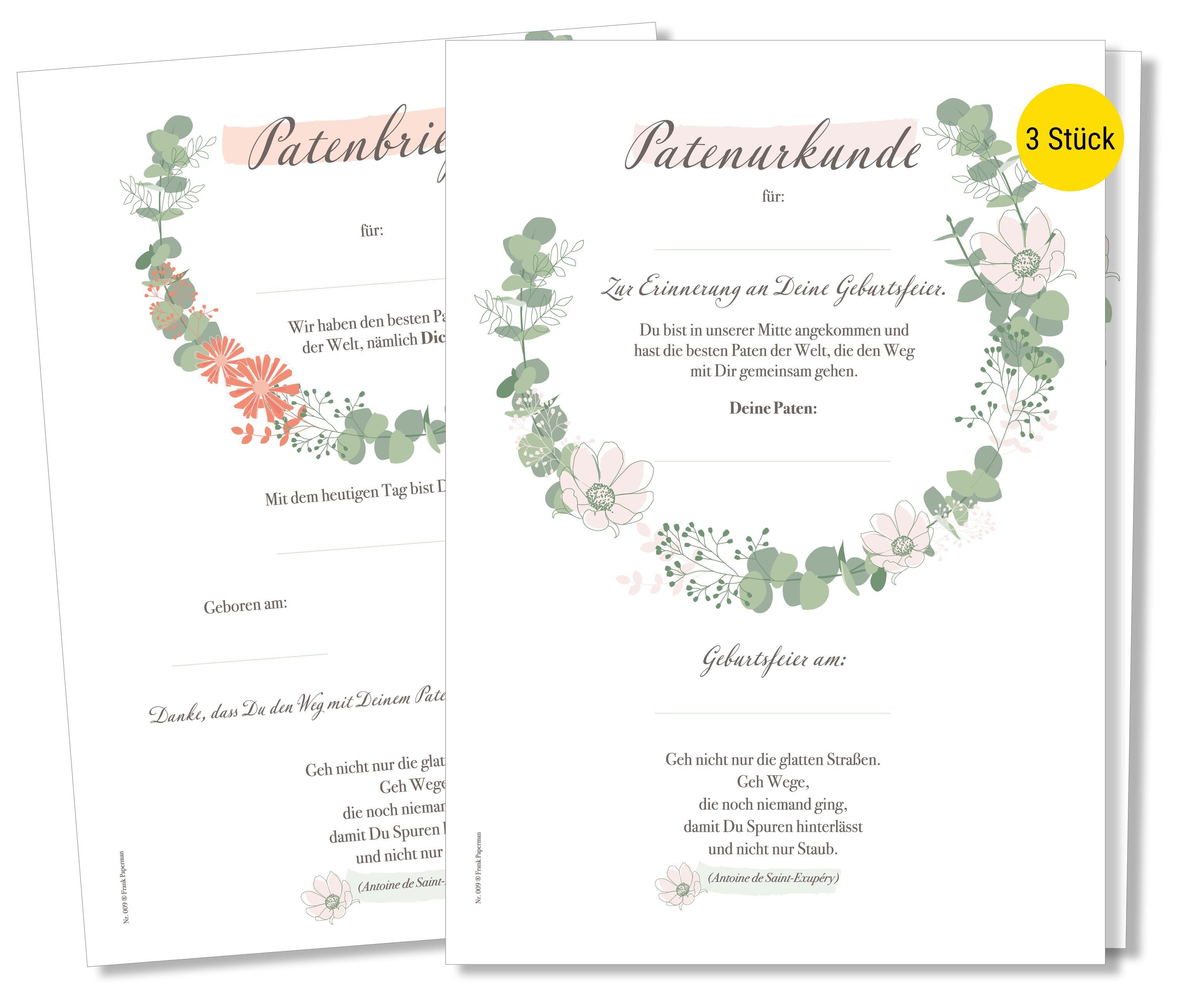 Frank Paperman Taufkarte Patenbrief Taufpaten, Urkunden Set, Paten Patenkind, Taufe floral, 100% Recyclingpapier, Erinnerung Taufe, Geschenk Geburt