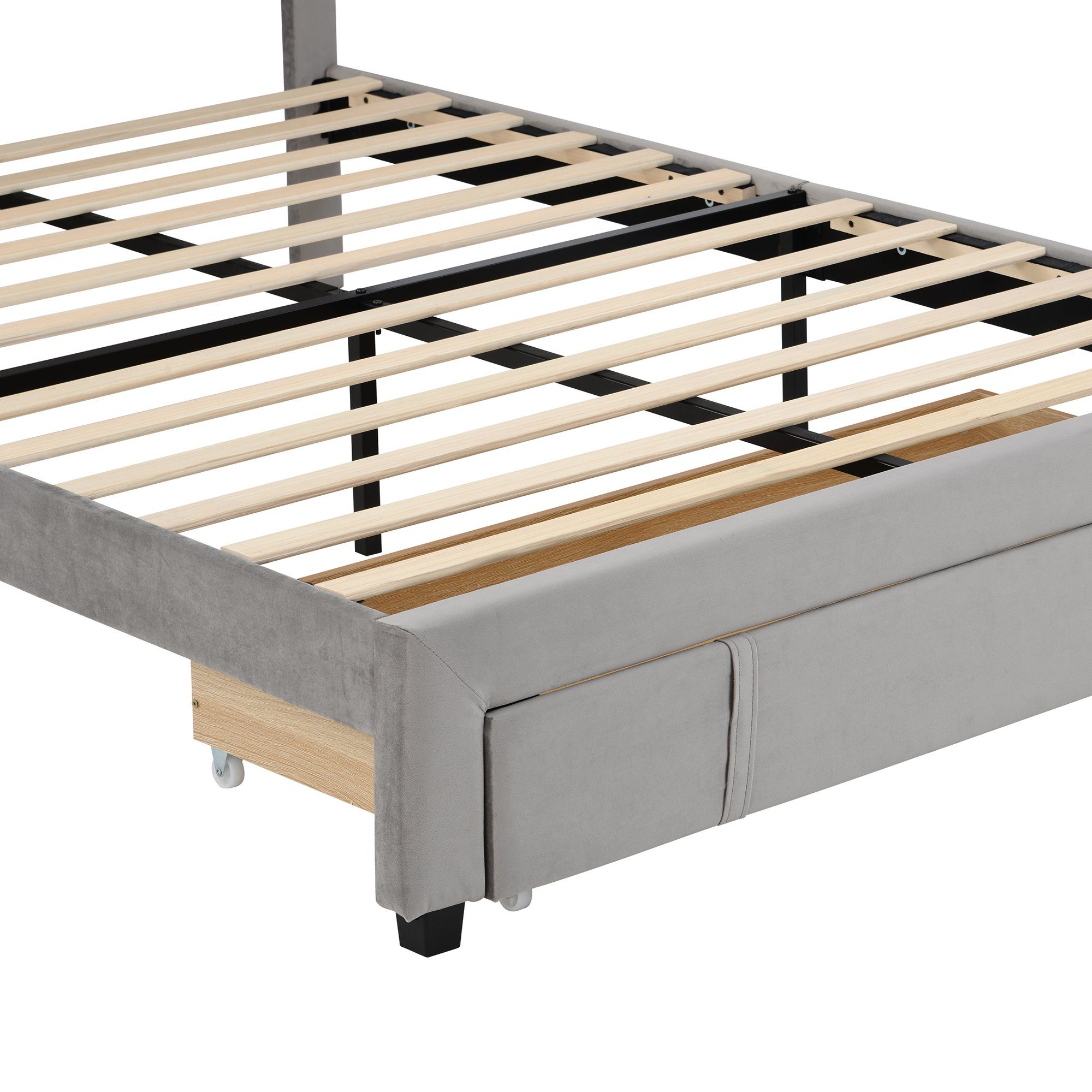 Polsterbett (140 x 200 cm Doppelbett), mit Lattenrost und Bettschubkästen, Höhenverstellbares Kopfteil, Samt