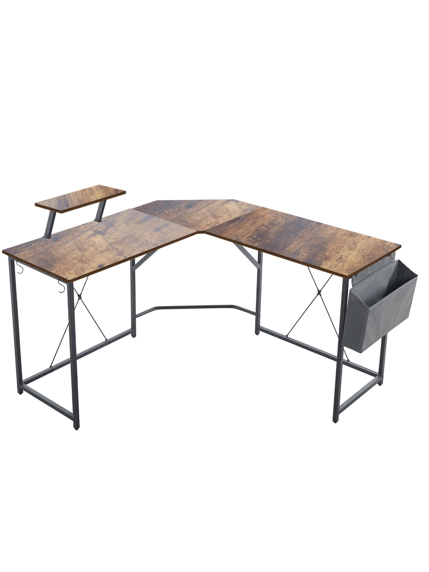 Brise Home Computertisch Großer Computertisch in L-Form mit Aufsatz & Aufbewahrung (Einzelartikel, 1x Tisch, 1x Monitoraufsatz, 1x Stofftasche, 2x Haken, Montagematerial), L-Form, Vintage Holzoptik, Für Homeoffice und Gaming geeignet