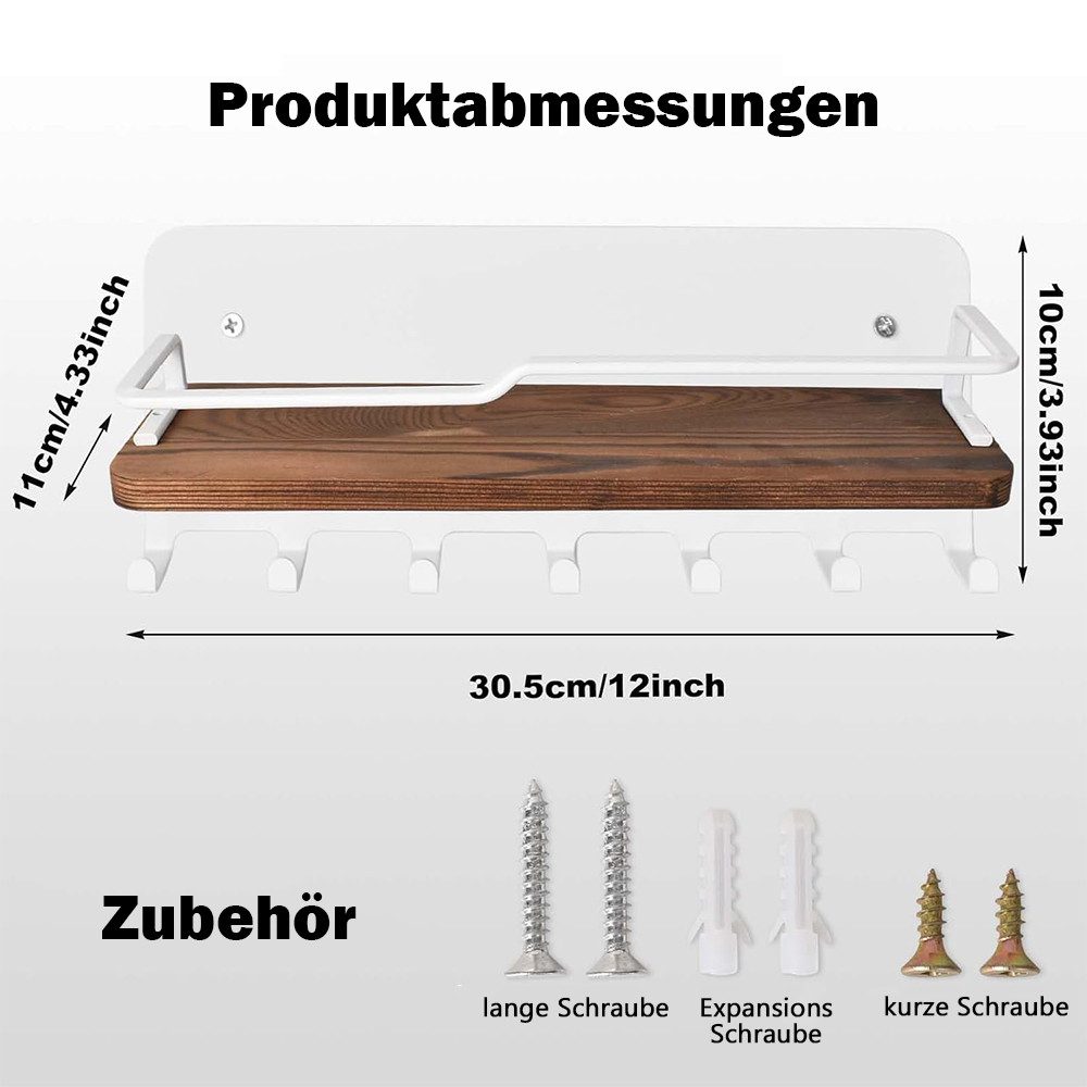 TUWENA Wandhaken Schlüsselbrett Holz mit Ablage, Schlüsselablage Wand mit 7 Haken, Schlüsselbrett Organizer für Eingang, Flur, Schlafzimmer, Wohnzimmer