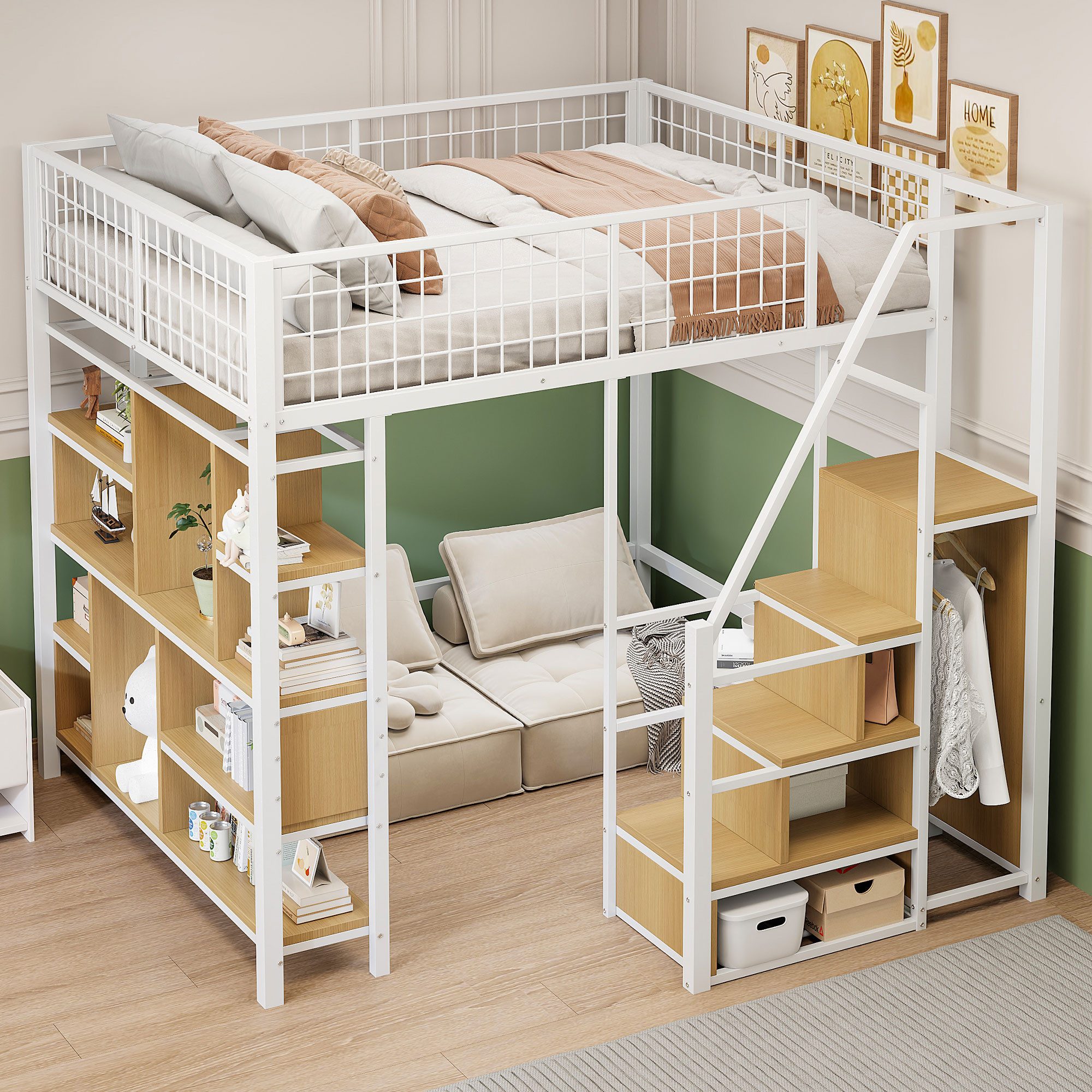 STILVORA Kinderbett 140x200 Jugendbett mit Matratze,Ablagefach&Treppe,Stauraumbett Weiß (Stauraumbett,  mit Stauraumtreppe, Einbauschrank und großem Arbeitsbereich, 140 x 200 cm), mit matraze