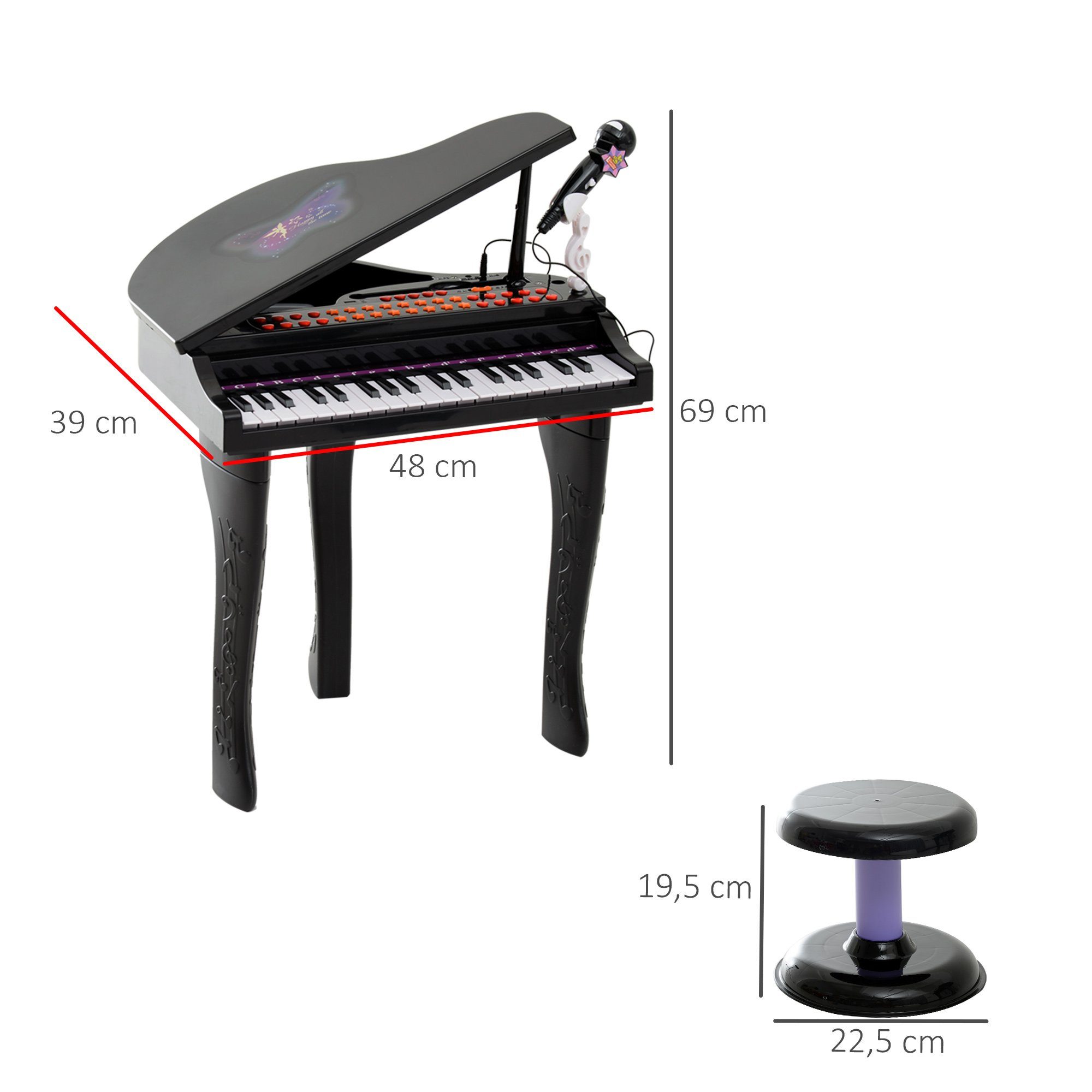 HOMCOM Spielzeug-Musikinstrument Piano Keyboard, Musikinstrument, (Mini-Klavier, 2 tlg., MP3 USB inkl. Hocker 37 Tasten), Schwarz 48 x 39 x 69 cm