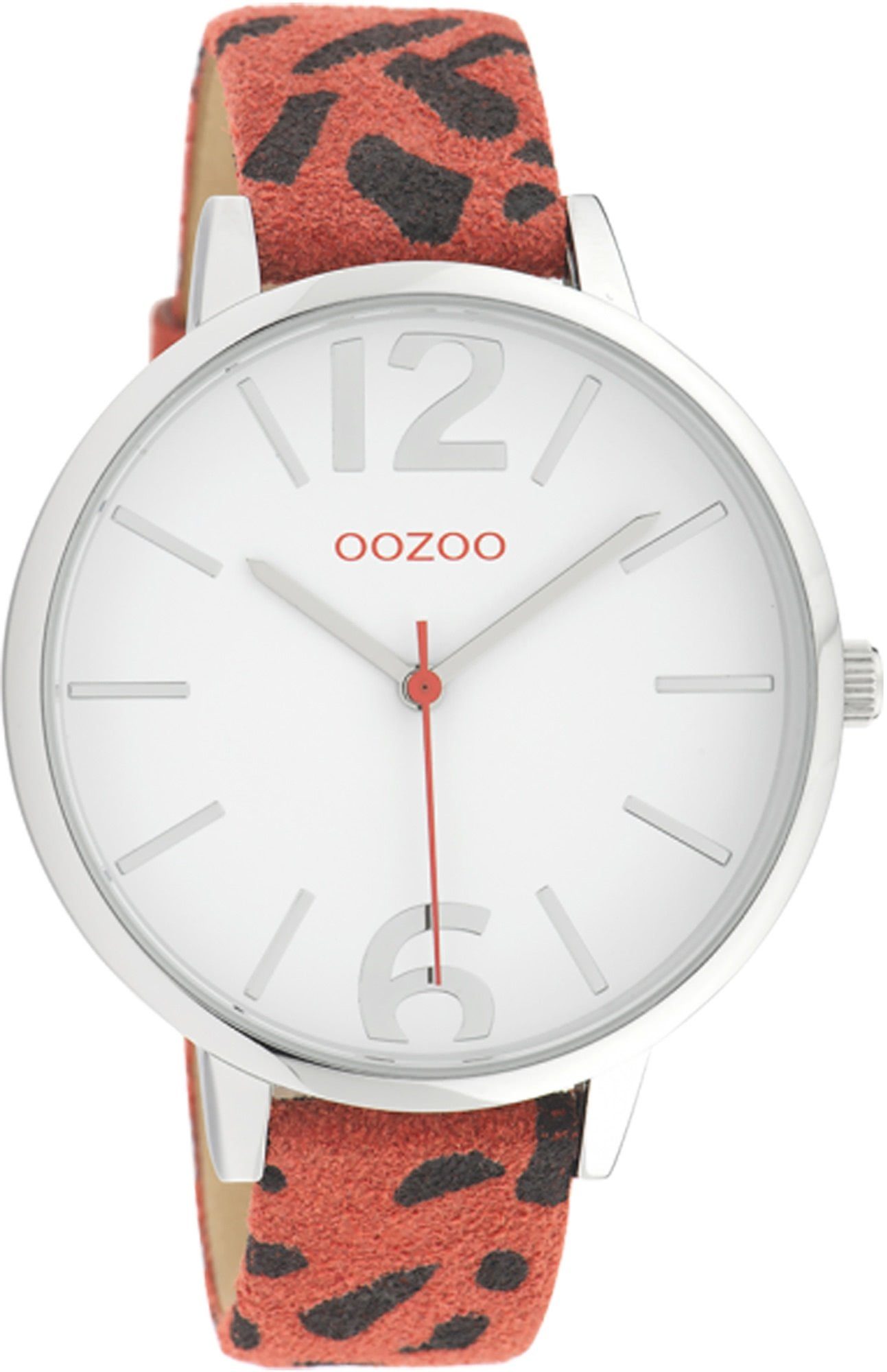 OOZOO Quarzuhr Oozoo Damen Armbanduhr rot schwarz, Damenuhr rund, groß (ca. 43mm) Lederarmband, Fashion-Style | Quarzuhren