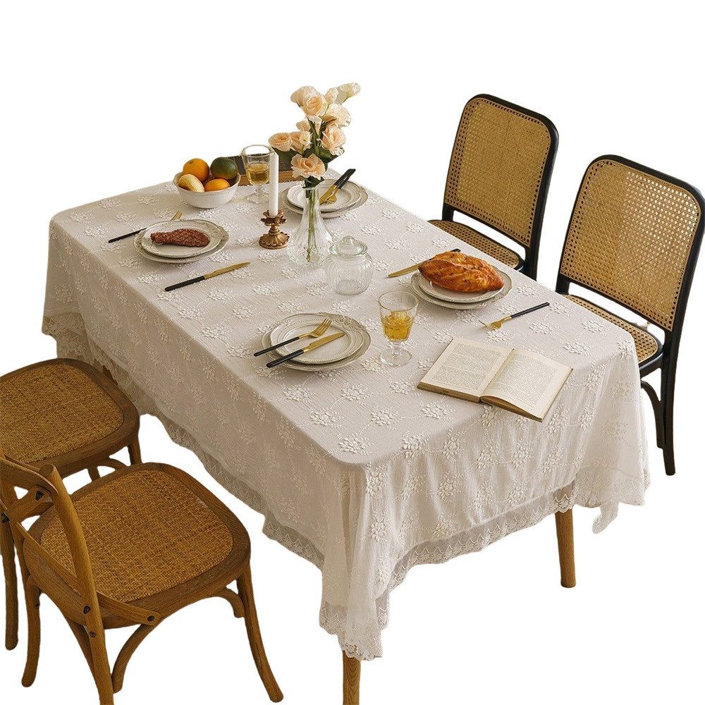 MOPUEA Tischdecke Tischdecke Spitzenbordüre Bestickte Dekorations-Tischdecke Rechteckige (bestickte Blumentischdecke für Hochzeitsfeier, Bankett, Weihnachts-Esstisch 1-tlg), Romantische Vintage-Tischdecke aus Spitze, rechteckige Tischdecke