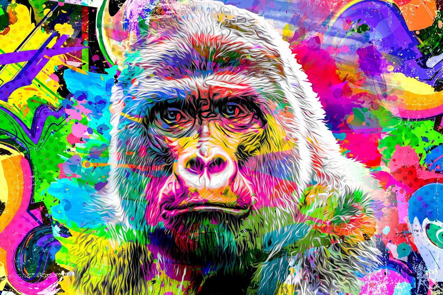 queence Leinwandbild - - - Wandbild aufgespannt fertig Wanddekoration - Größen auf St), Gorilla Keilrahmen, Kunstdruck verschiedene - - Affe Bunt - (1 Gorilla