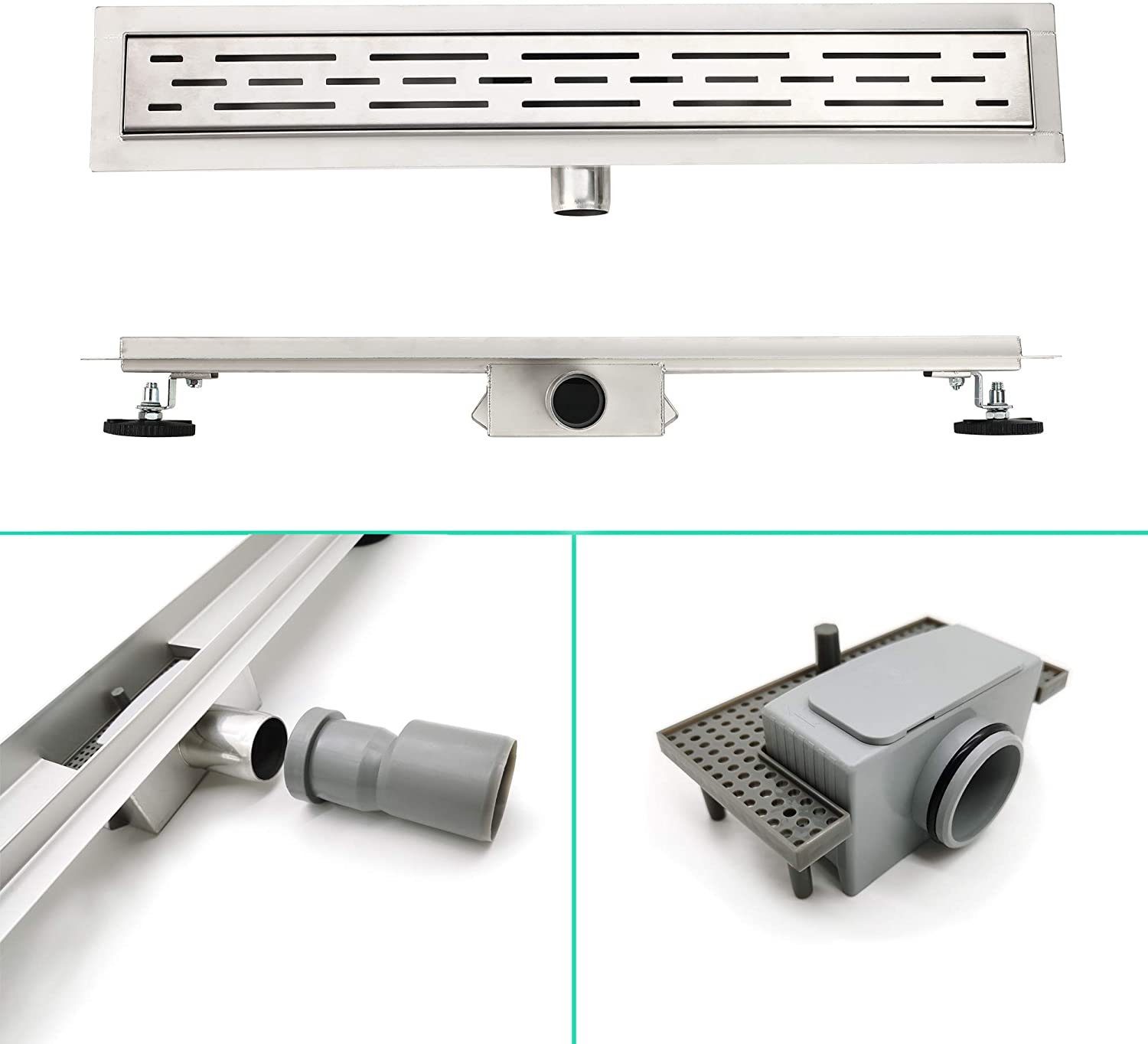 Elbe Duschrinne 60 cm, 3-reihig-Schlitzm Muster, mit Siphon, Haarsieb, Gruchsstop, Oberteil und Unterteil aus rostfreiem Stahl, Geruchssicher	Korrosionsresistent	Rostbeständig 60 cm