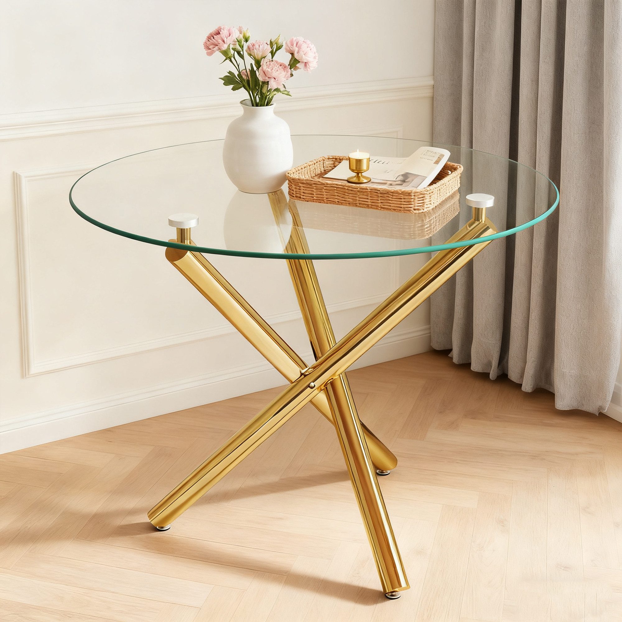 STILVORA Esstisch mit Platte aus gehärtetem Glas Küchentisch mit goldfarbenen Beinen (Esszimmertisch mit Tischbeine aus Metall, Tischplatte aus gehärtetem Glas), Einfache Montage