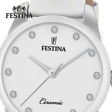 Festina Quarzuhr Festina Analog Quarz Damen Uhr F20473/1, Damen Armbanduhr rund, Lederarmband weiß
