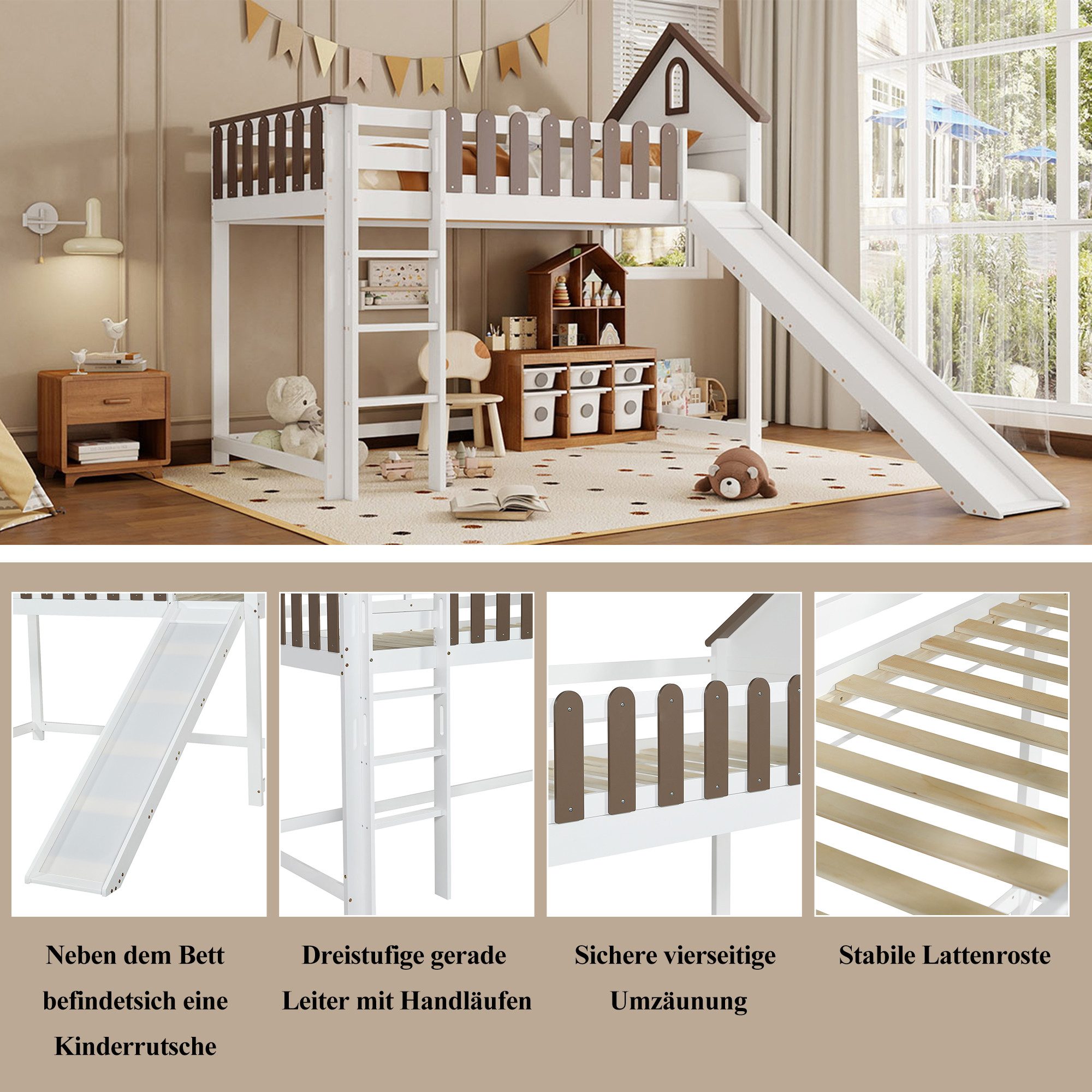 Flieks Hochbett Kinderbett Haus-Design 90x200cm mit dreistufiger Leiter und Rutsche