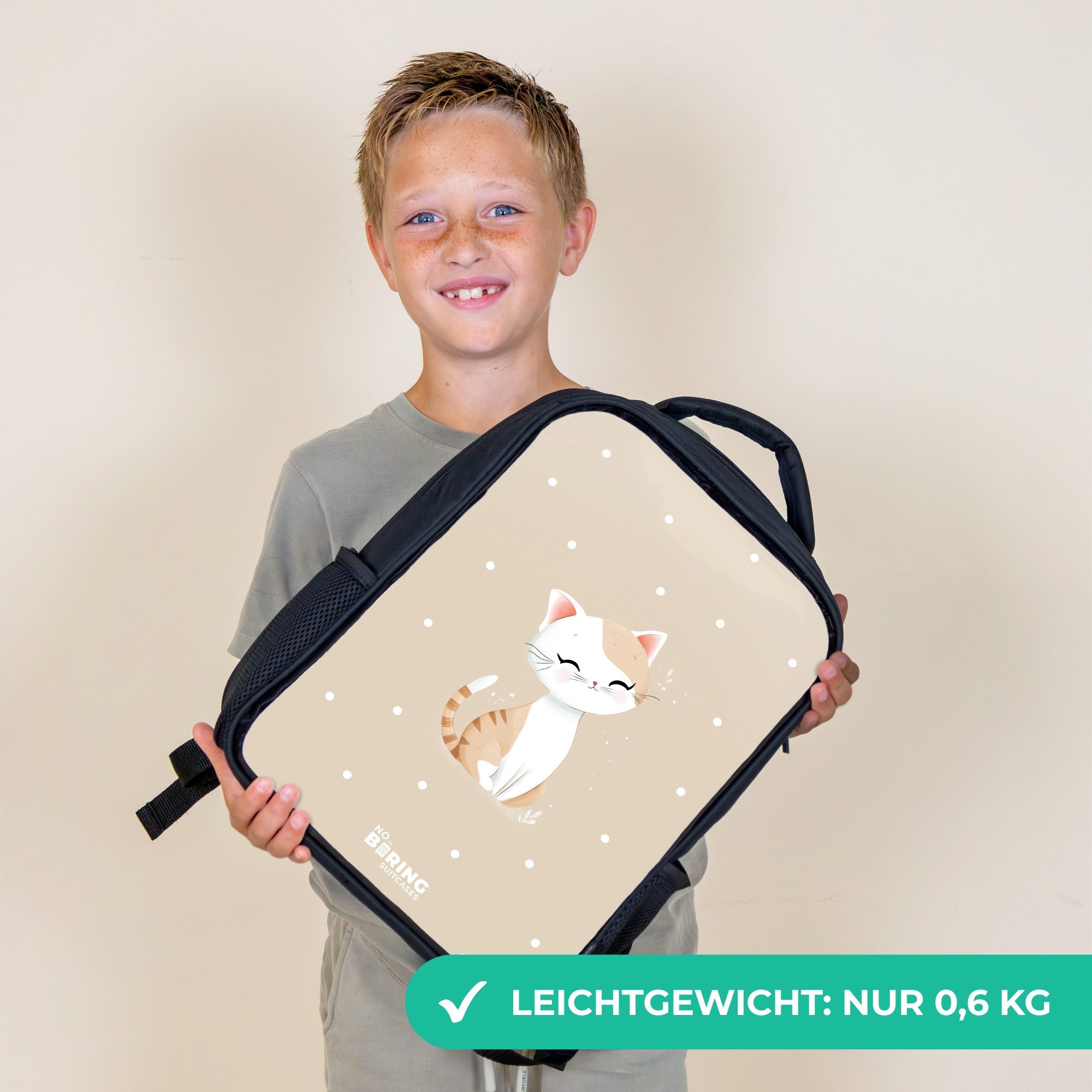 NoBoringSuitcases.com© Rucksack Katze umgeben von beigen Punkten, Kinderrucksack Schwarz, Schulrucksack, Freizeitrucksack Jungen Mädchen