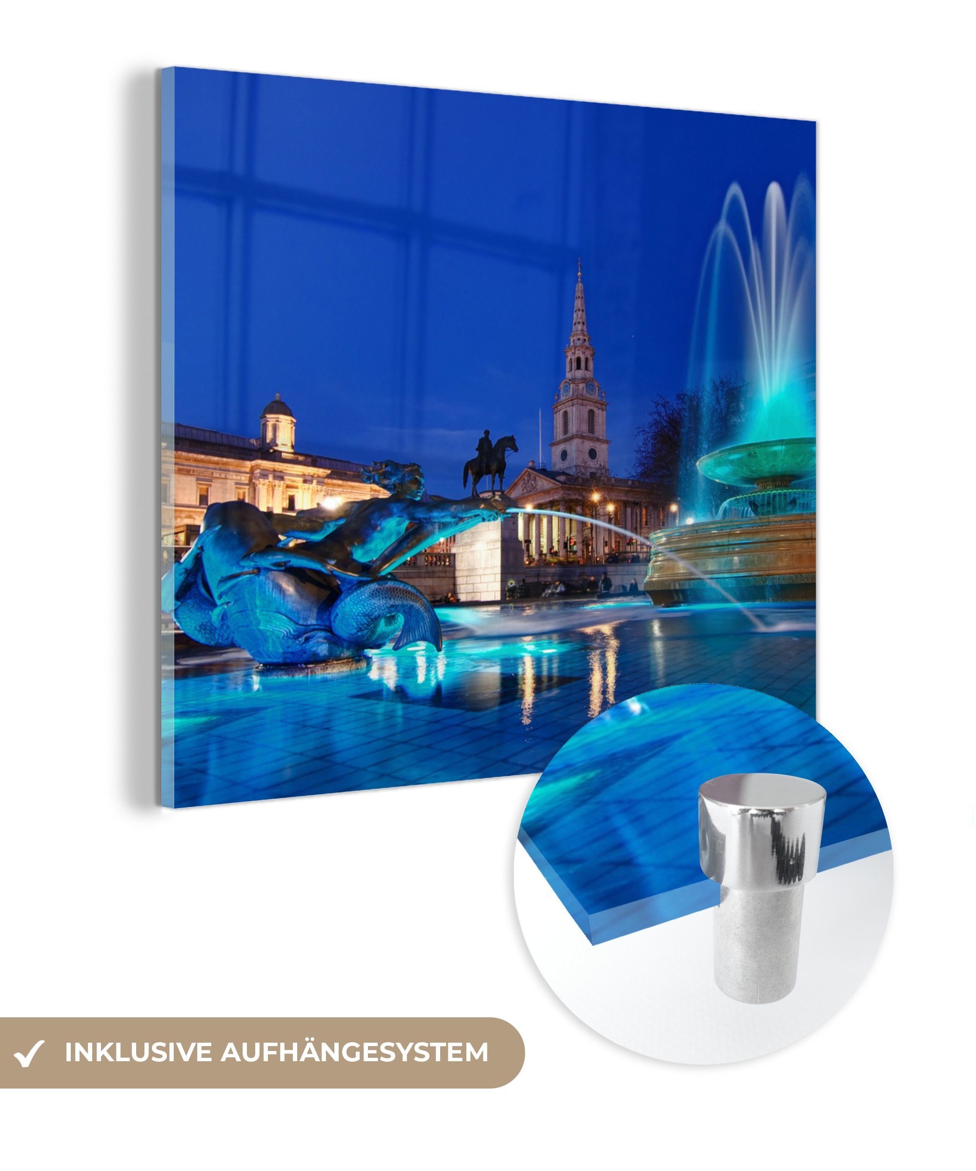 MuchoWow Acrylglasbild Blauer Springbrunnen am auf - Glas Foto - auf Trafalgar Square, Glasbilder (1 Bilder Wandbild Wanddekoration - Glas St)