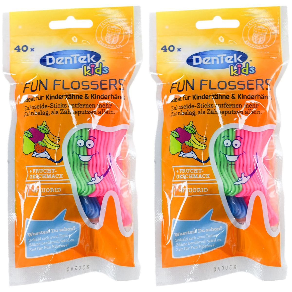DenTek Zahnseide-Stick DenTek Kids Fun Flossers Zahnseide-Sticks 40er 2er-Pack für Kinder, mit Frucht-Geschmack