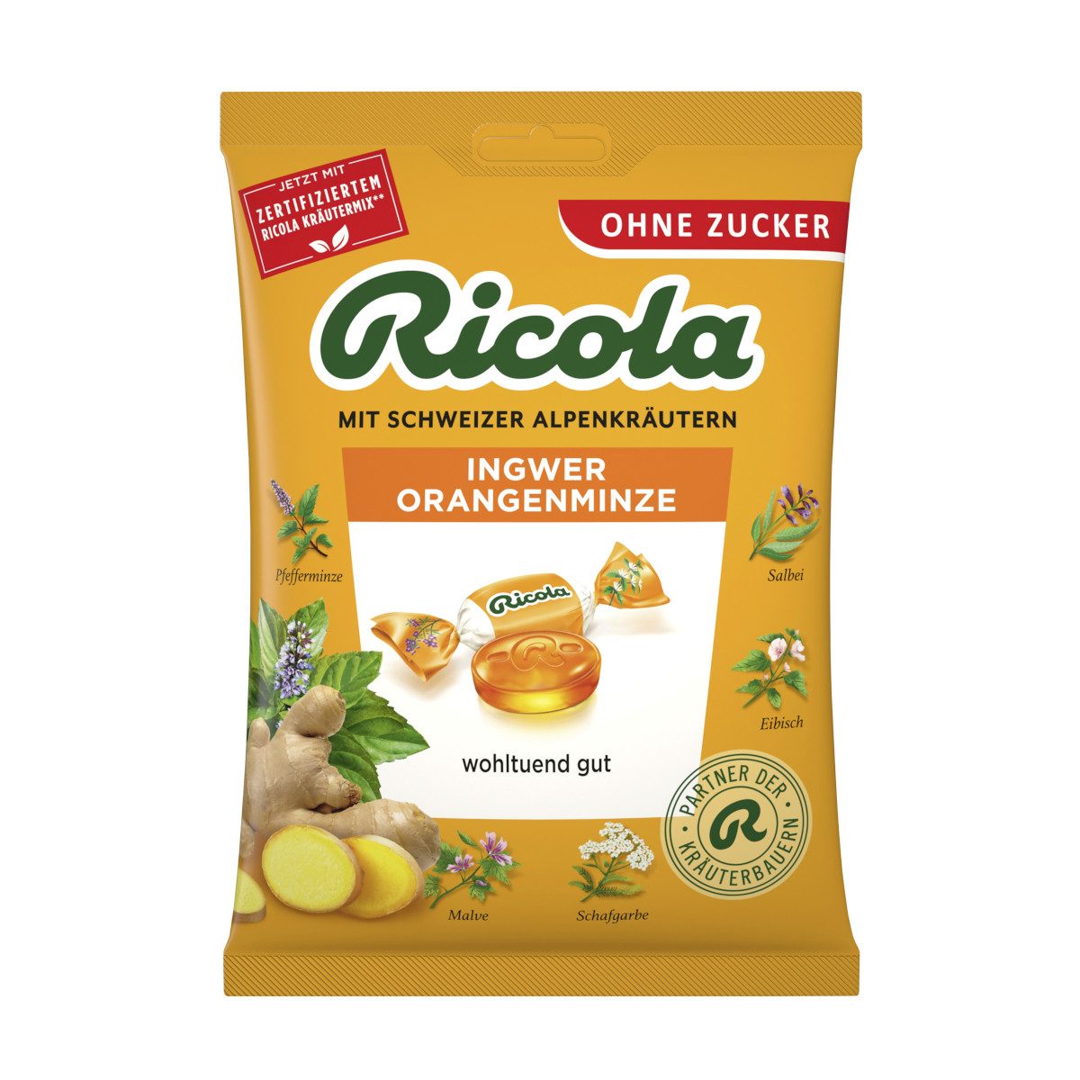 RICOLA Süßigkeit, Ricola Ingwer Orangenminze ohne Zucker wohltuend gut Packung 75g