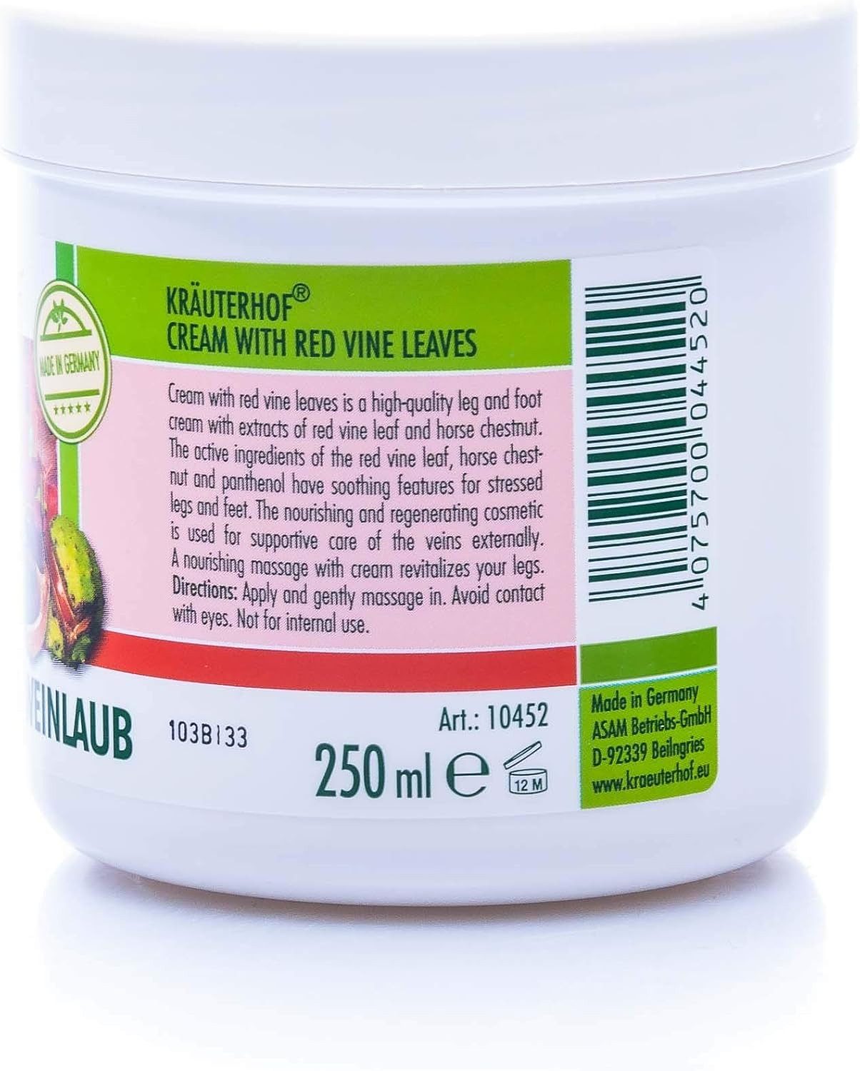 Kräuterhof Handcreme 1x Kräuterhof® Creme mit Rotem Weinlaub (250ml), 1-tlg., Bein- und Fußcreme mit Extrakten aus Rotem Weinlaub & Rosskastanie