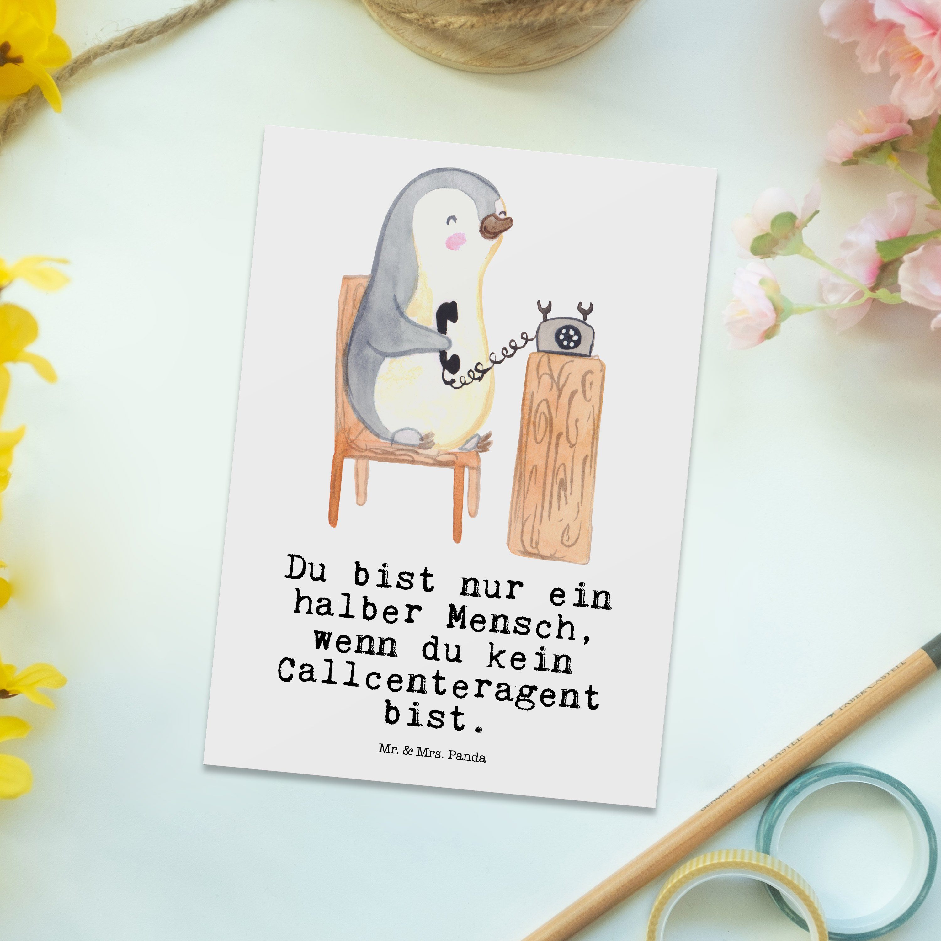 Mr. & Mrs. - Panda Postkarte mit Dan Callcenteragent telko, Geschenk, Herz Ansichtskarte, - Weiß