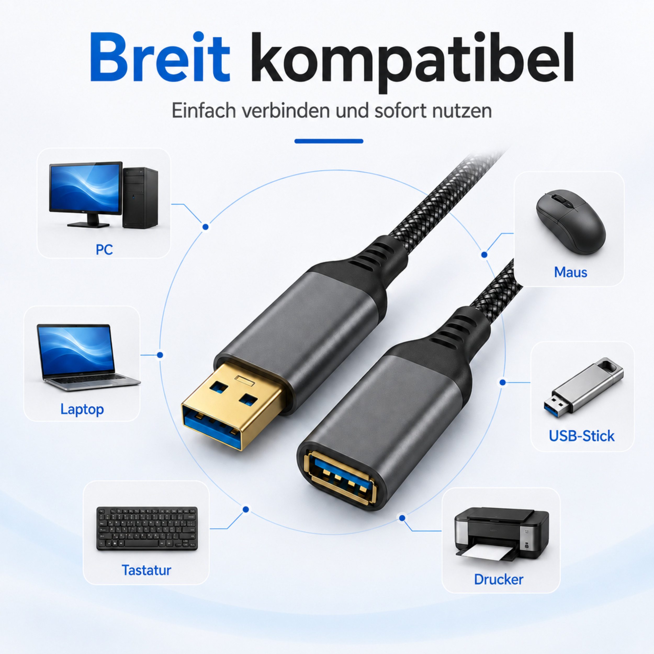 PlugUp USB 3.0 Verlängerungskabel 5 Gbit/s – USB-A Stecker zu USB-A Buchse USB-Kabel, USB Typ A, USB Typ A (100 cm), Bis zu 10 Gbit/s Datenübertragung – Plug &  – Bild 3 von 5