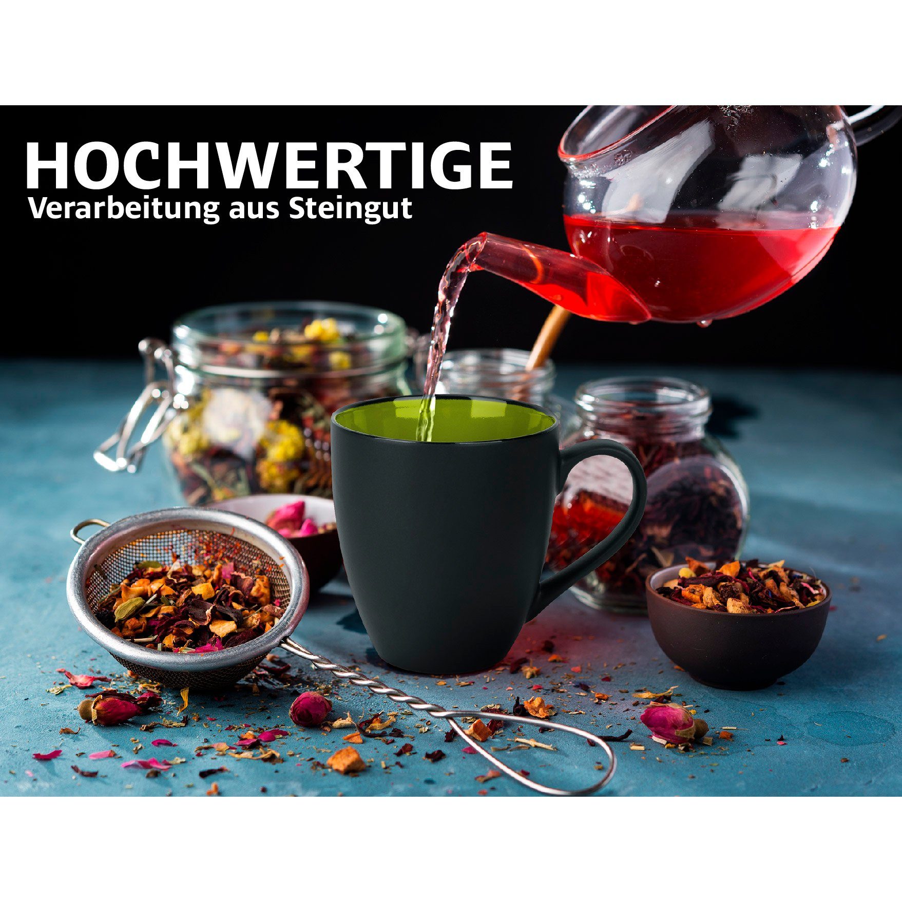 MiaMio Tasse MIAMIO - 6 x 350 ml Kaffeetassen Set Außen Schwarz Innen Farbig