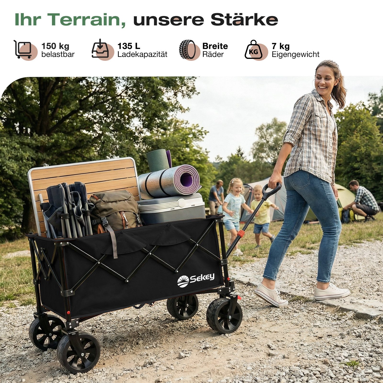 Sekey Bollerwagen 150KG Bollerwagen Faltbar Handwagen mit breiten Reifen Campingwagen, Leichter Faltbollerwagen mit Bremse, Patentiert 4-Wege-Sofortaufbau
