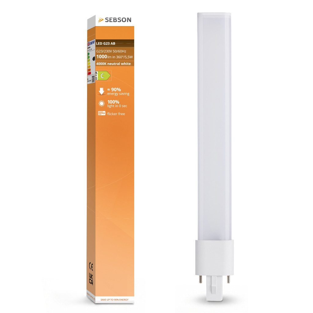 SEBSON LED-Leuchtmittel LED Lampe G23 2-Pin 5W 1000lm ersetzt 11W Kompaktleuchtstofflampe, G23, 1 St., Neutralweiß, kompatibel mit Dulux S & PL-S, 2-Pin Sockel 4000K 1000lm 230V AC & CCG
