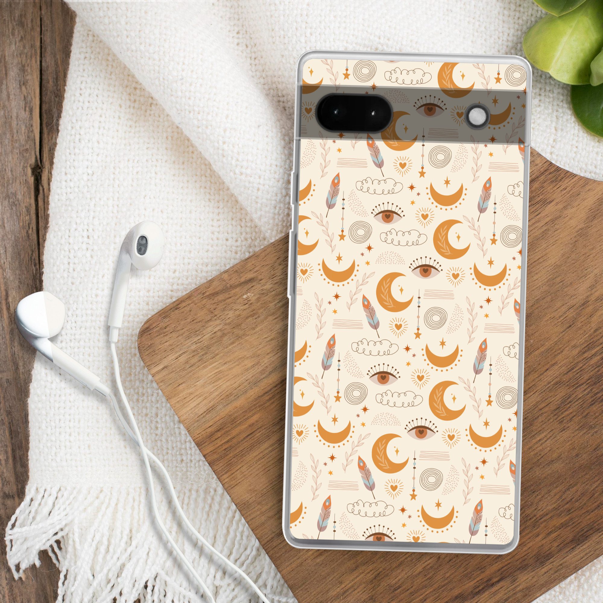 MuchoWow Handyhülle für Google Pixel 6a Boho - Druck - Augen - Mond - Federn - Beige, Phone Case, Silikon, Schutzhülle Dünn