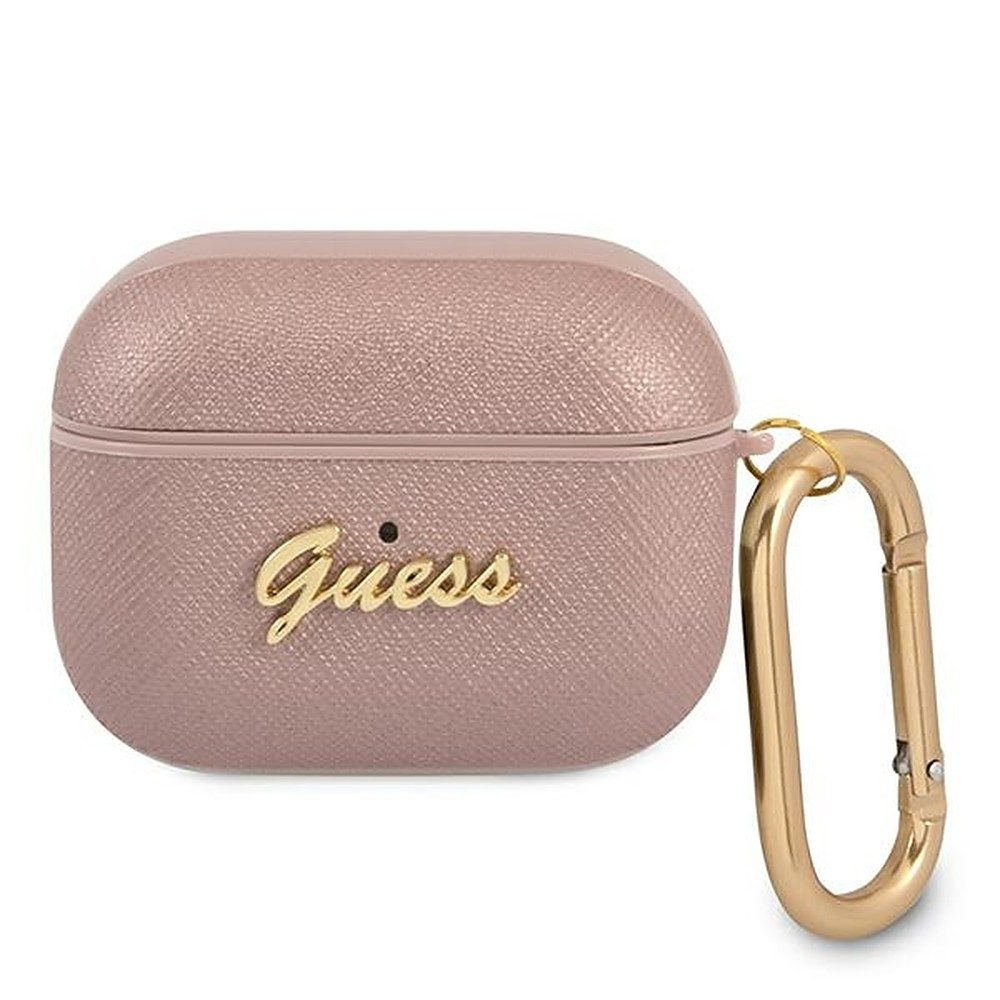 Guess Kopfhörer-Schutzhülle Schutzetui Ladeschalenhülle Ohrhörertasche, Saffiano-Optik, Metall-Logo, Karabiner, stoßfest