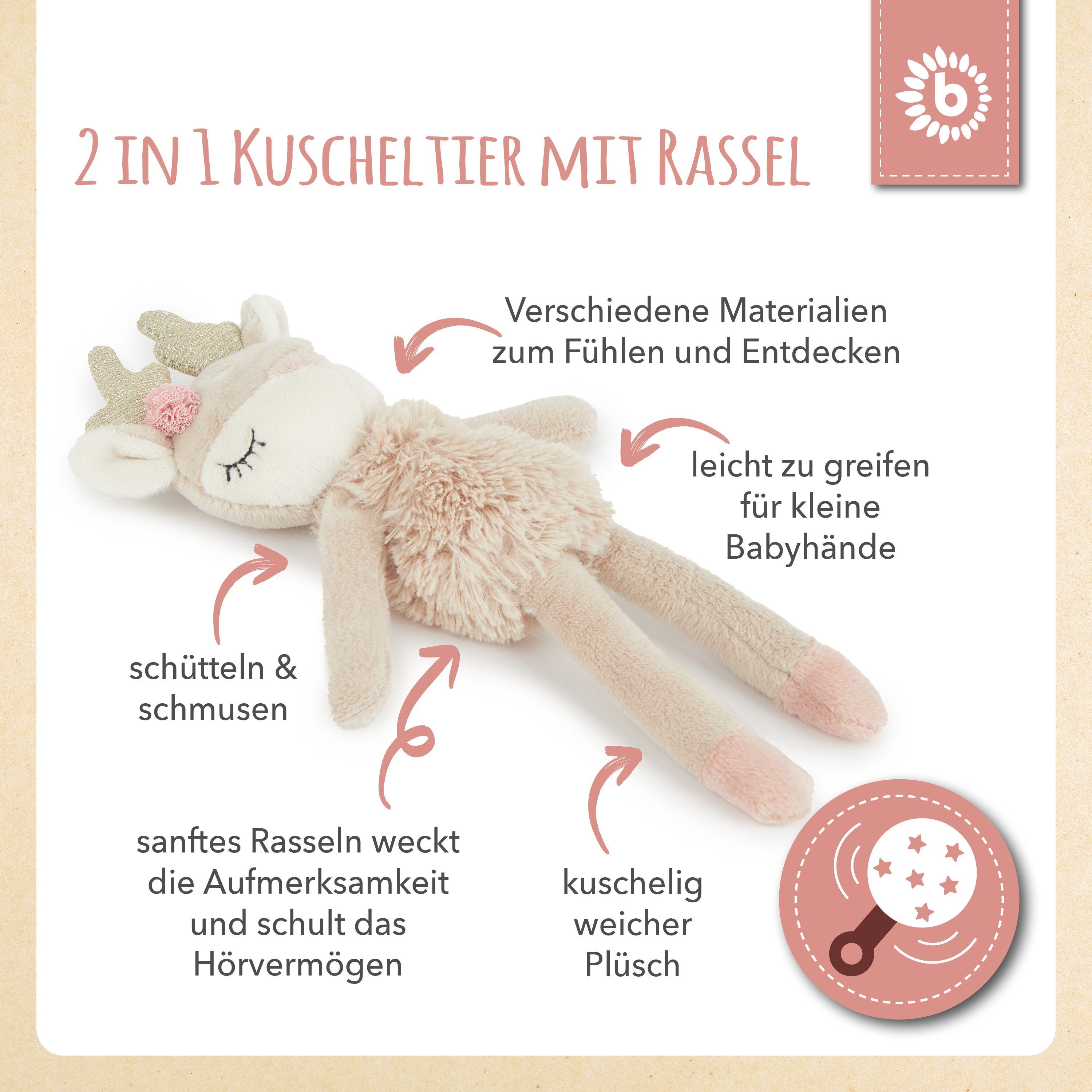 BIECO Plüschfigur Bieco Plüsch Reh Spieltier Baby mit Rassel ca. 22 cm Kuscheltier