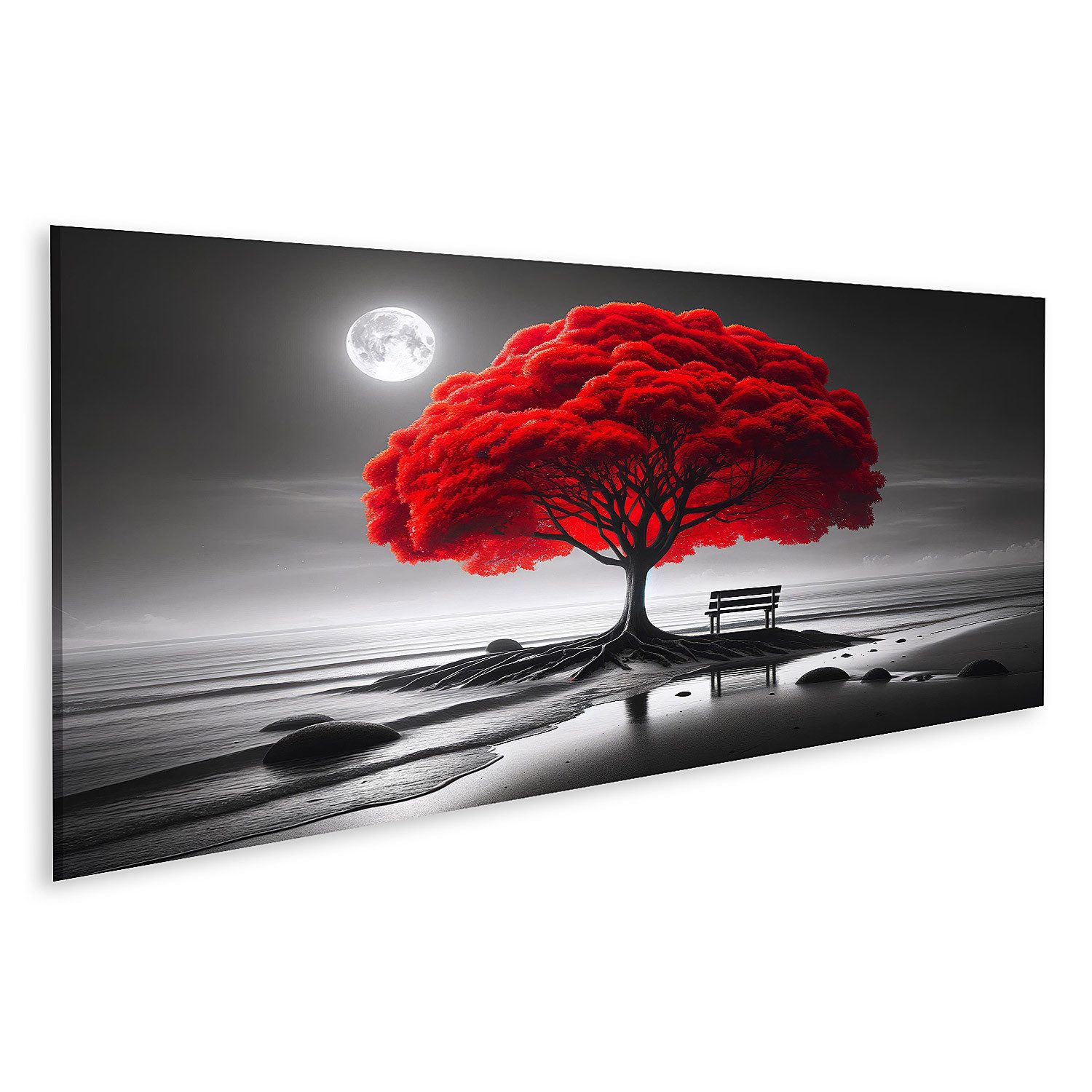 islandburner Leinwandbild Leuchtend Roter Baum an Einem Monochromen Strand Mit Mond
