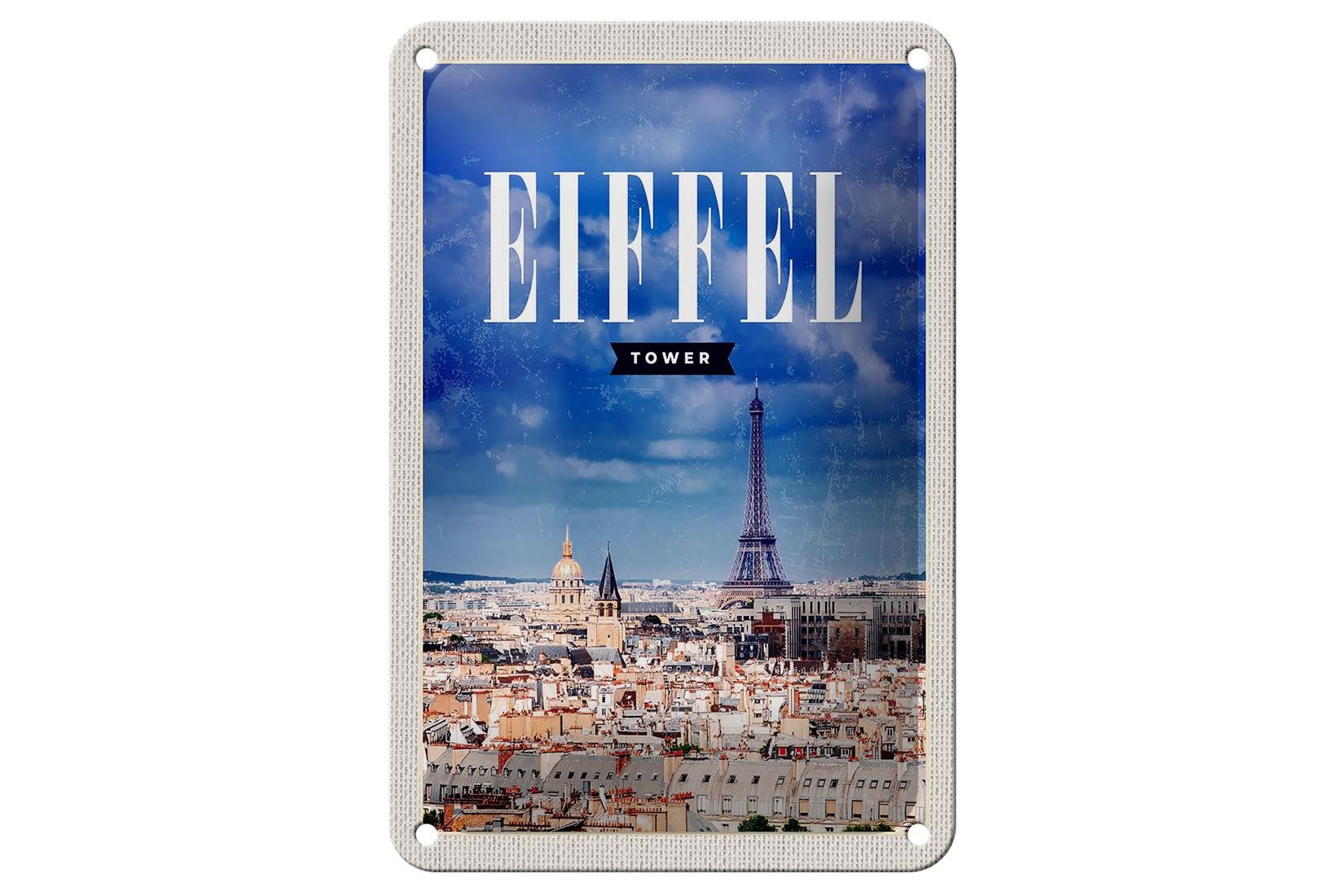 Femer GmbH Metallschild Reise 12x18cm Eiffel tower Panorama Bild Retro Schild, (1 St), gewölbte Oberfläche, abgerundete Ecken, umgeschlagene Kanten