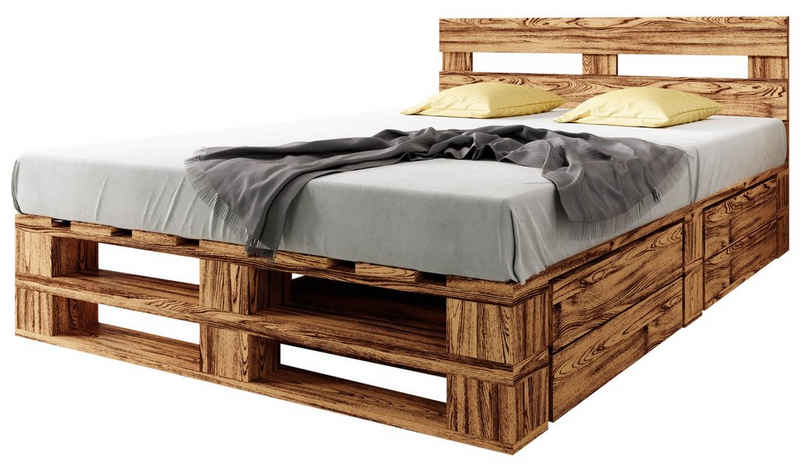 sunnypillow Palettenbett M2 aus Holz mit Kopfteil und 2 Bettkästen, 140 x 200 cm + Schubladen Geflammt