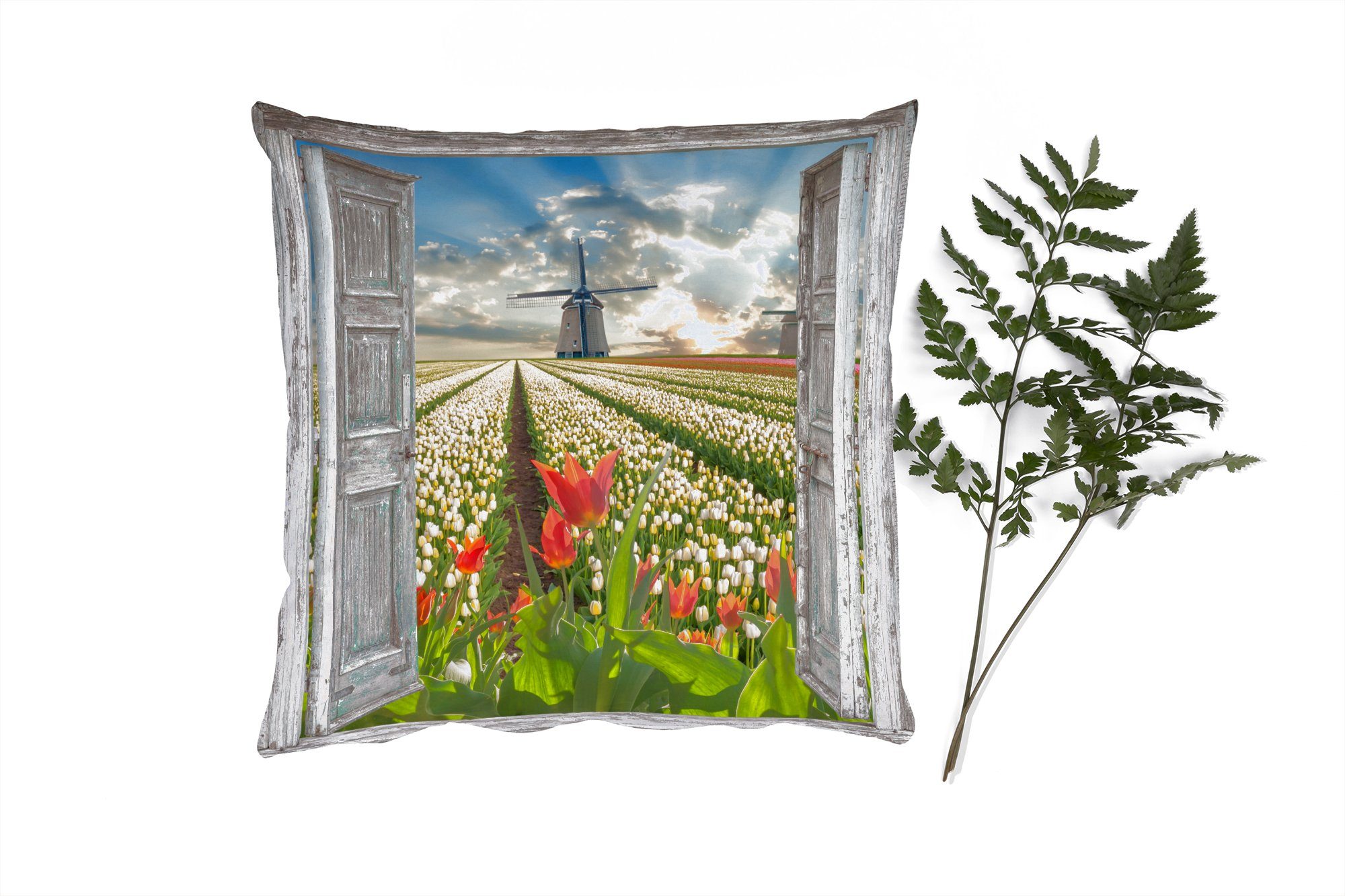 MuchoWow Dekokissen Blumen - Mühle - Frühling - Ausblick, Zierkissen mit Füllung für Wohzimmer, Schlafzimmer, Deko, Sofakissen