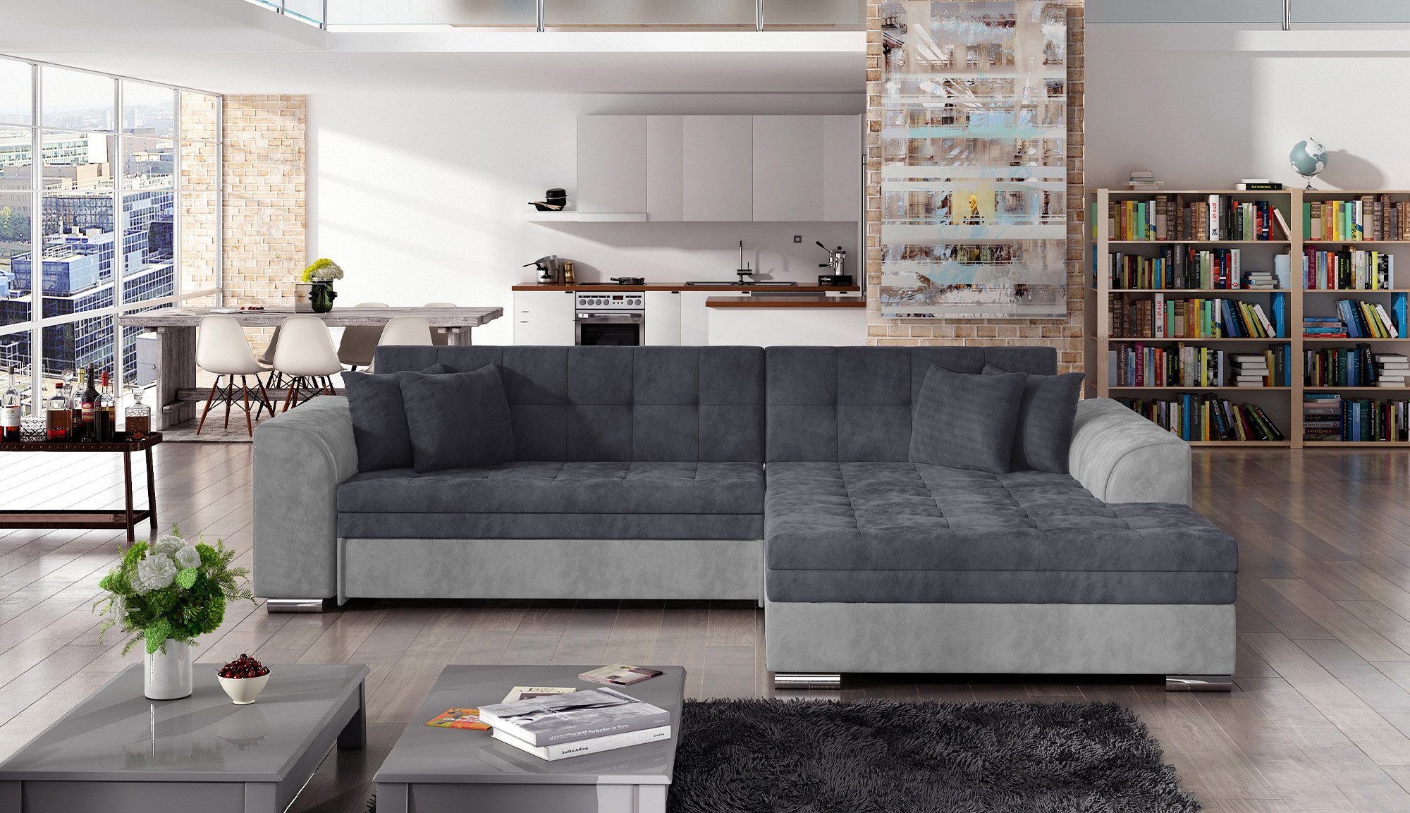 MF Design Ecksofa Ecksofa mit Schlaffunktion in Webstoff, Dolphin / false / Ja