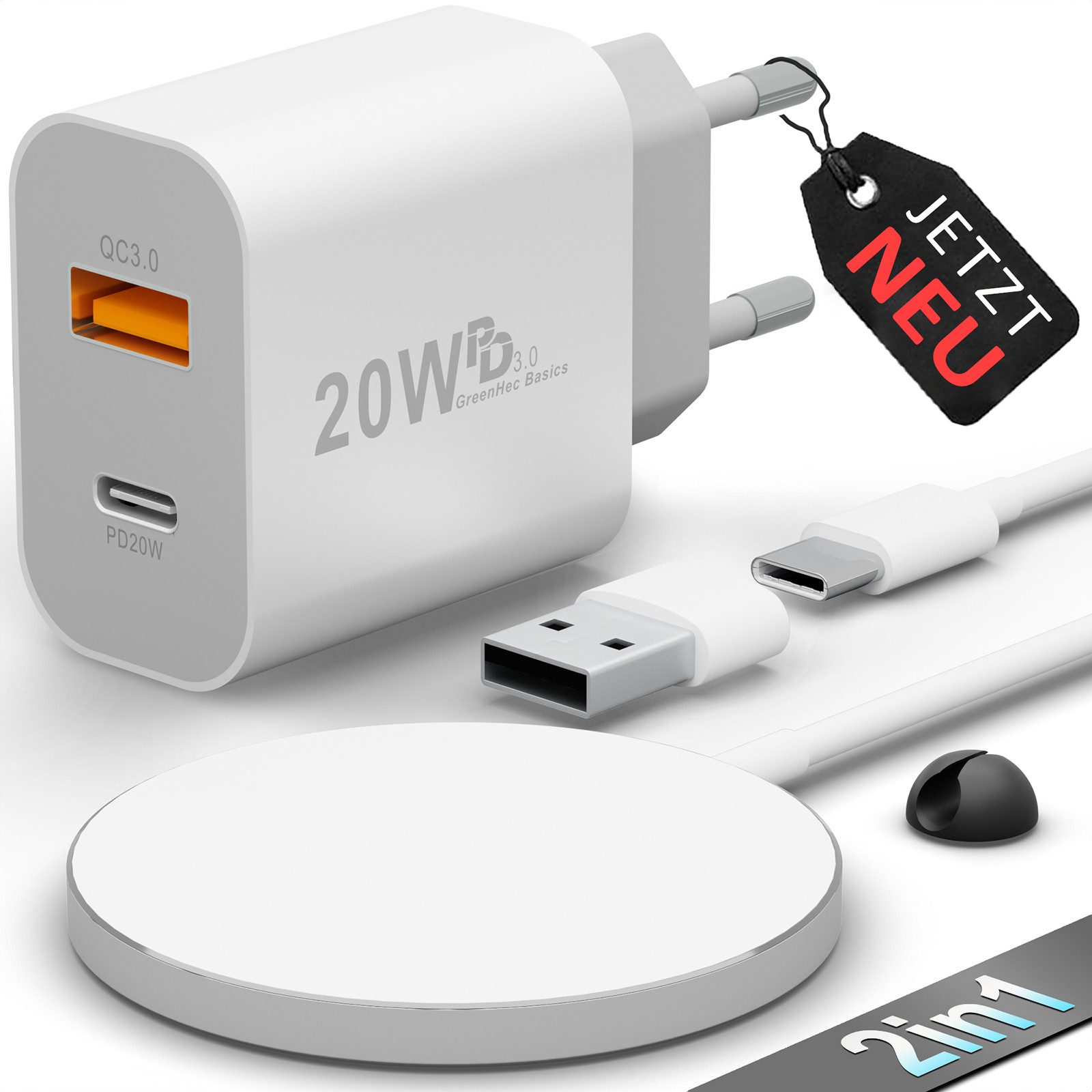 GreenHec MagSafe + 20w Dual Charger Wireless Ladegerät Adapter Netzteil Schnelllade-Gerät (0,00 mA, Spar-Set, 20w Dual Charger + MagSafe Ladegerät, für Apple iPhone 17 16 15 14 13 12 Pro Max mini Plus Ladepad)