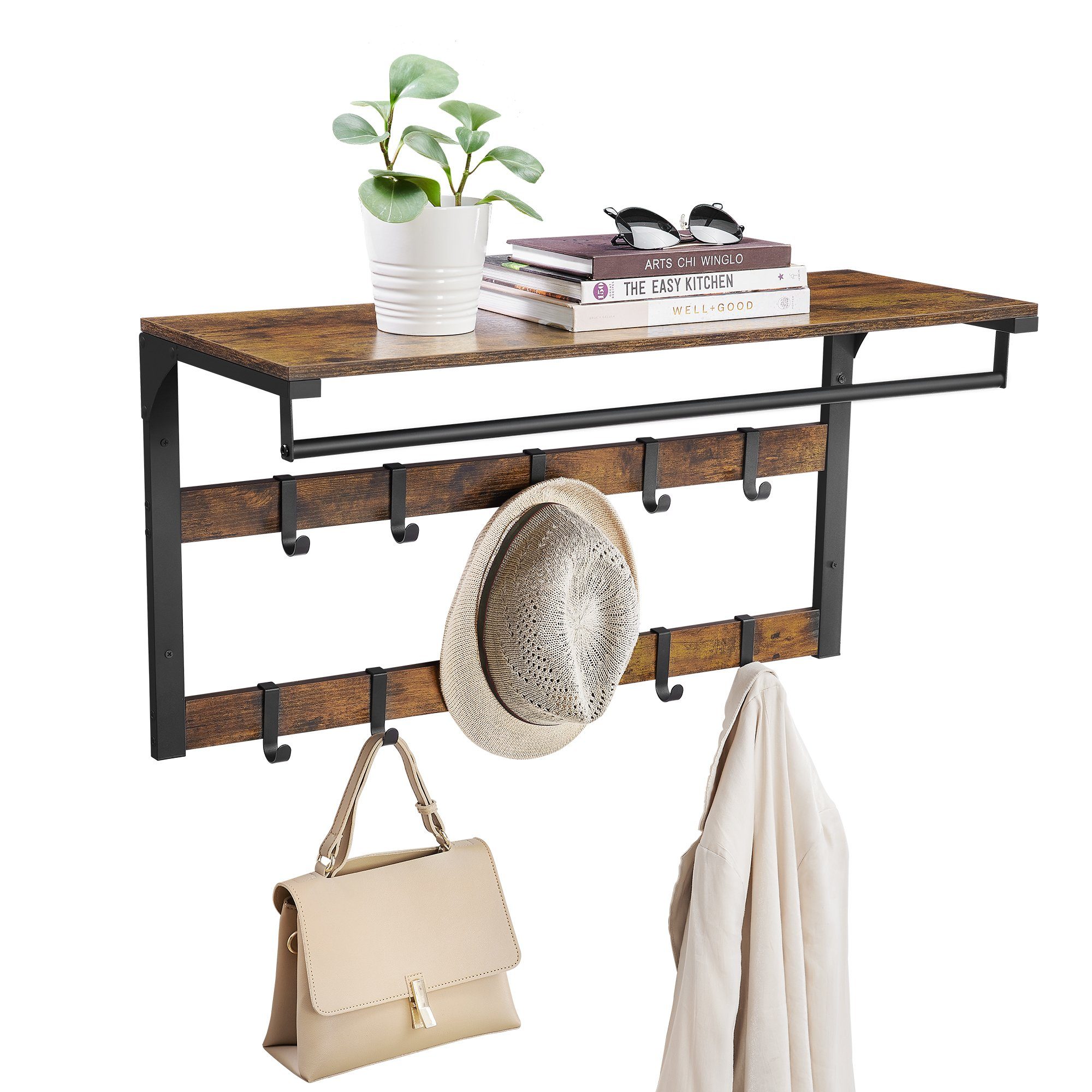 VASAGLE Wandgarderobe, Wandregal, mit Haken, 80 x 30 x 42 cm (L x B x H)